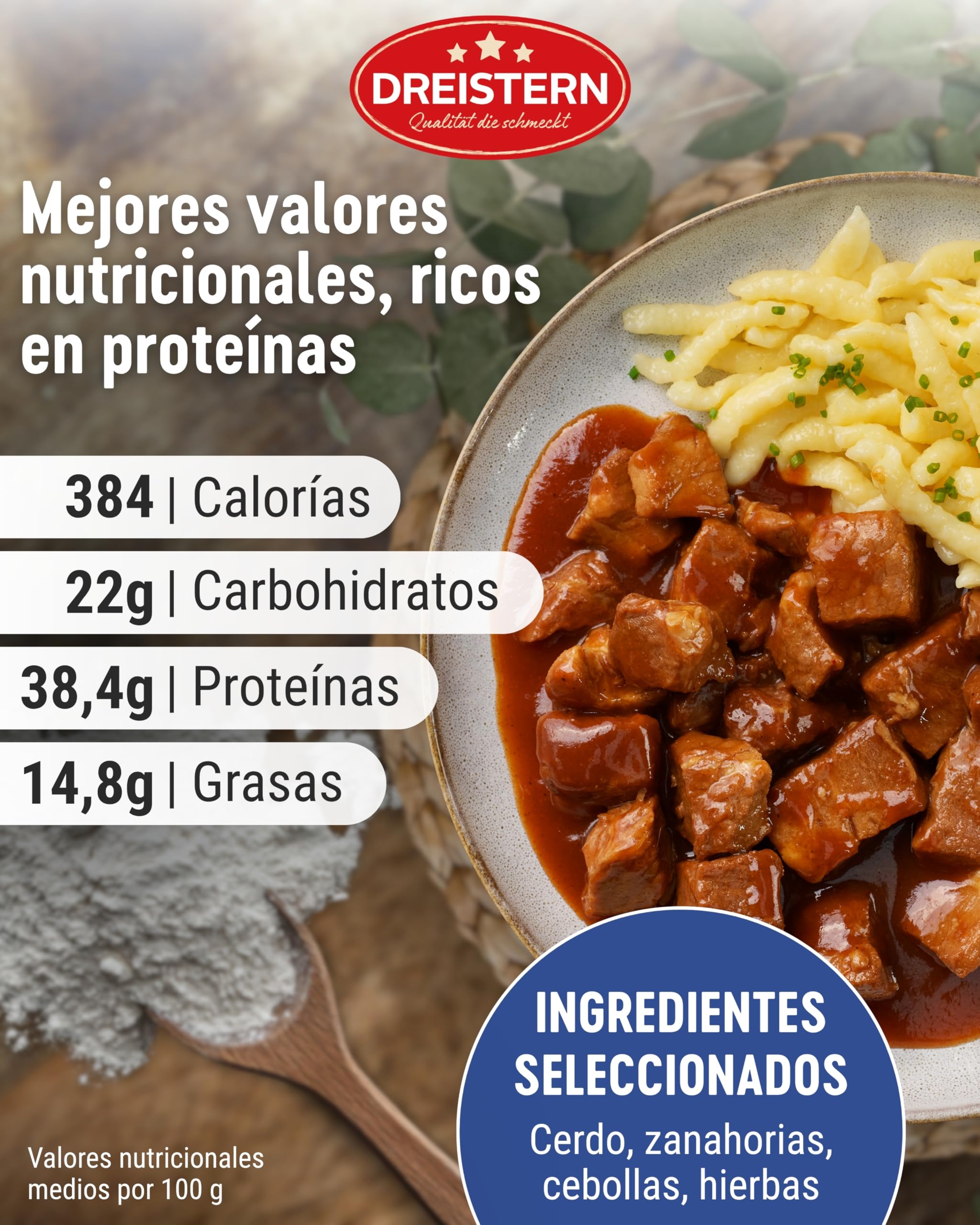 DREISTERN Goulash de cerdo 400 g I Con salsa picante I Guiso sabroso en lata reciclable I Larga duración gracias a la conservación natural I Calidad casera