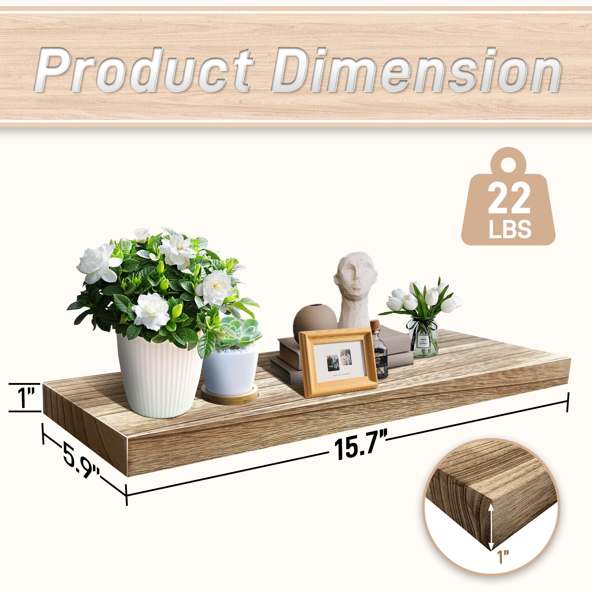 Quibbay Estantes flotantes para pared, juego de 2 estantes de pared de madera, estante colgante de 15.7 pulgadas con soportes invisibles, estantes flotantes para decoración de pared para baño, sala de