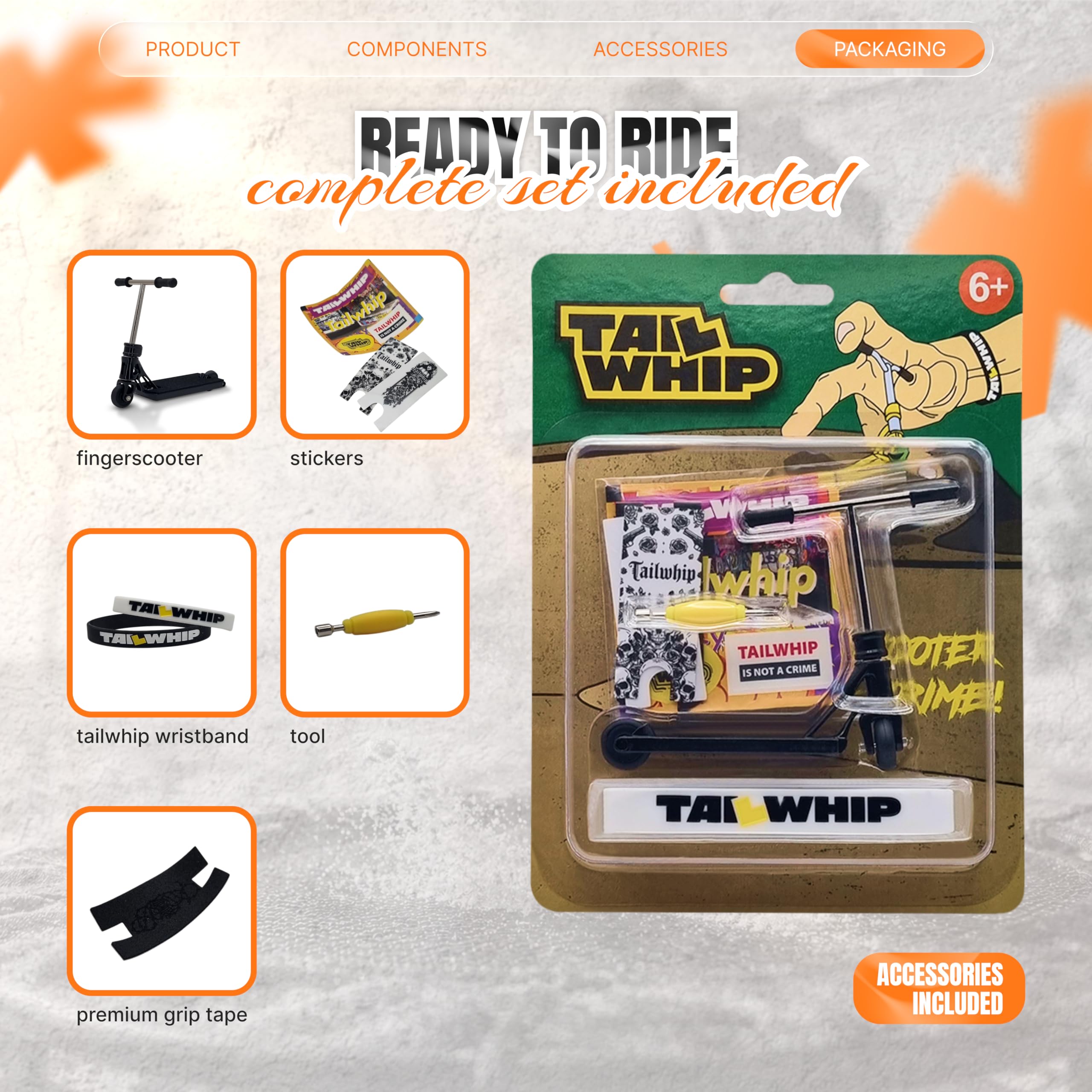 TAILWHIP Pro Finger Scooter con cuscinetti a sfera: nessun gioco, silenzioso, decalcomania per individualizzazione, robusto monopattino in metallo per bambini e adulti, nero