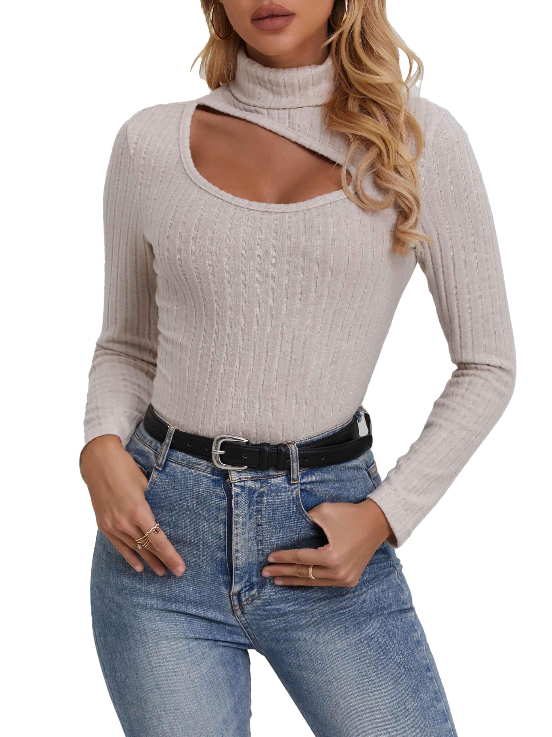 Redomo2025 Womens Turtleneck Ribbed Sweater with Cutout Detail Beige Long Sleeve Slim Fit Casual Style REW2408004