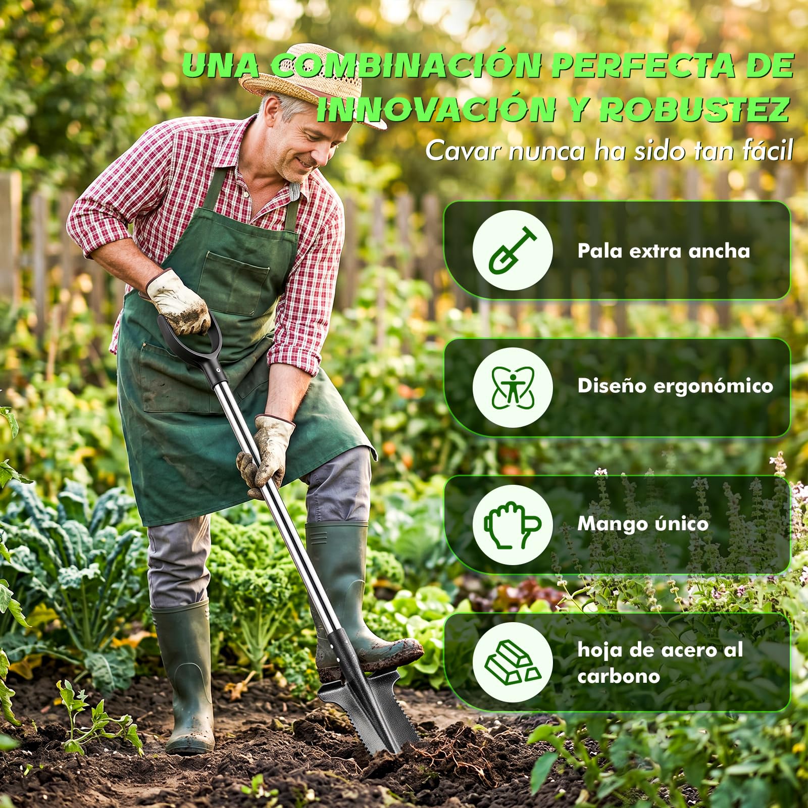 Pala de zanahoria resistente con grano de siembra, pala de jardín de acero al carbono de 115 cm con mango ergonómico suave, pala para jardín, raíces, excavación y suelos pesados