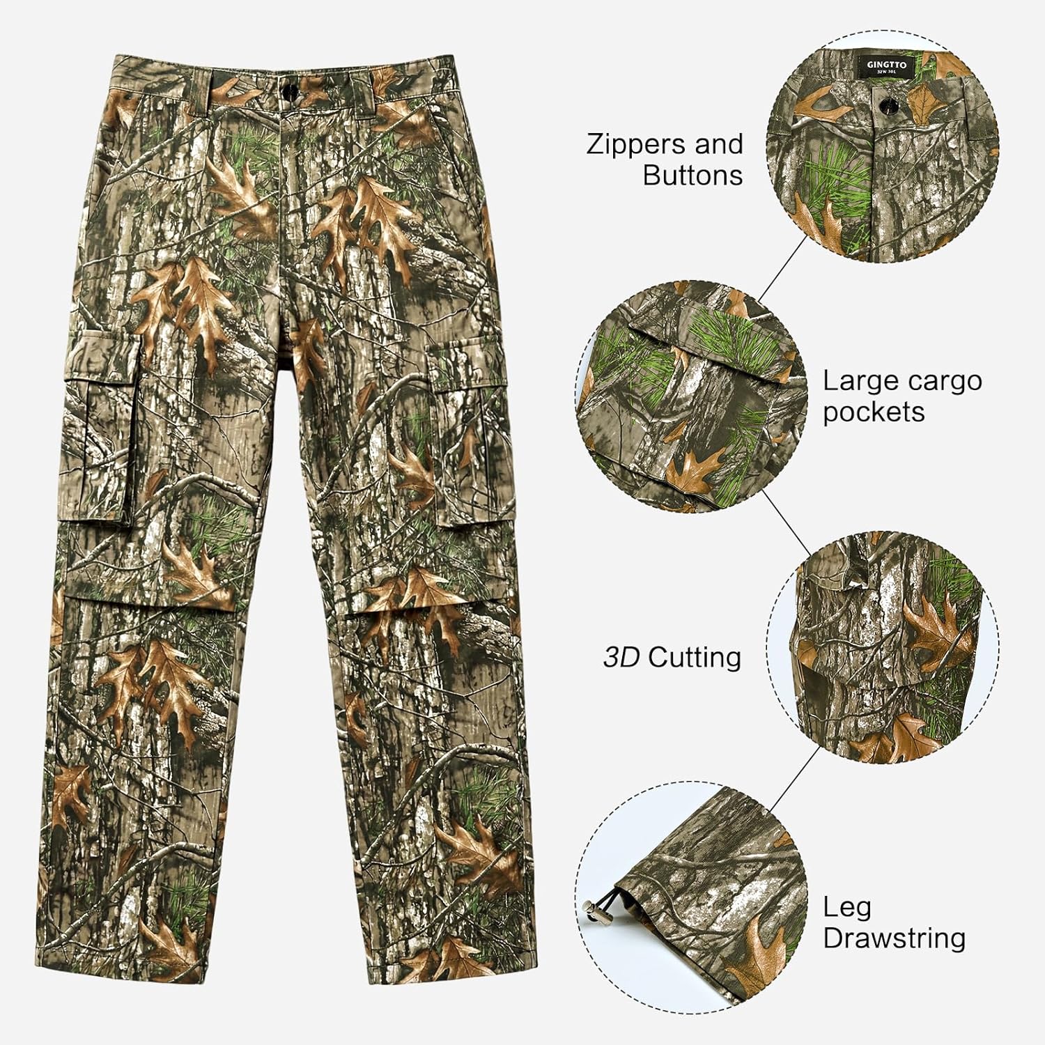 GINGTTO Men's Hunting Pants Camo Cargo Tactical Pants Lightweight Insulated Clothes Brush