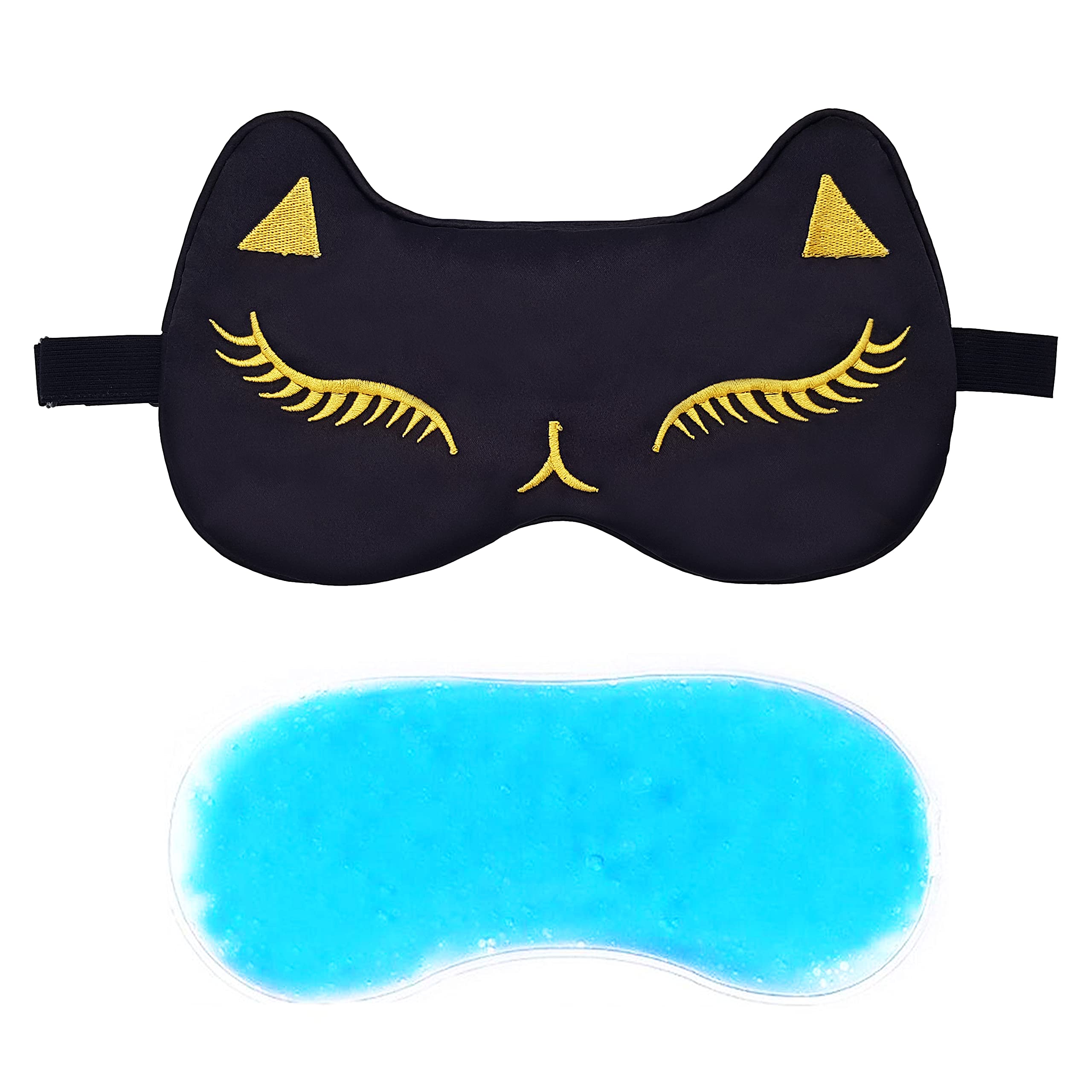 Jenna™ Natural Silk Kitty Design Sleep Mask Cover for Insomnia, Puffy Eyes and Dark Circles With Gel (DarkBlack)
