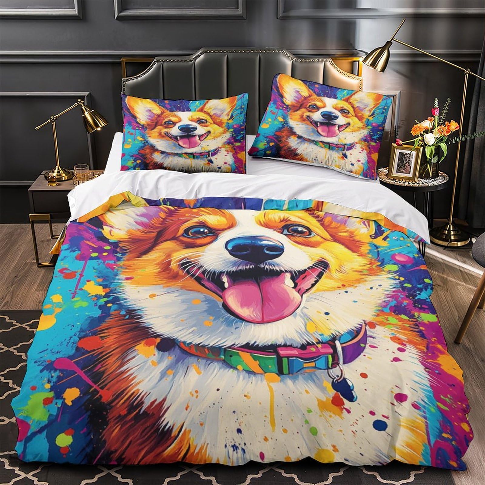 Drap de couette Corgi 3D microfibre résistante 140x200 cm parure de lit léger avec 2 taies