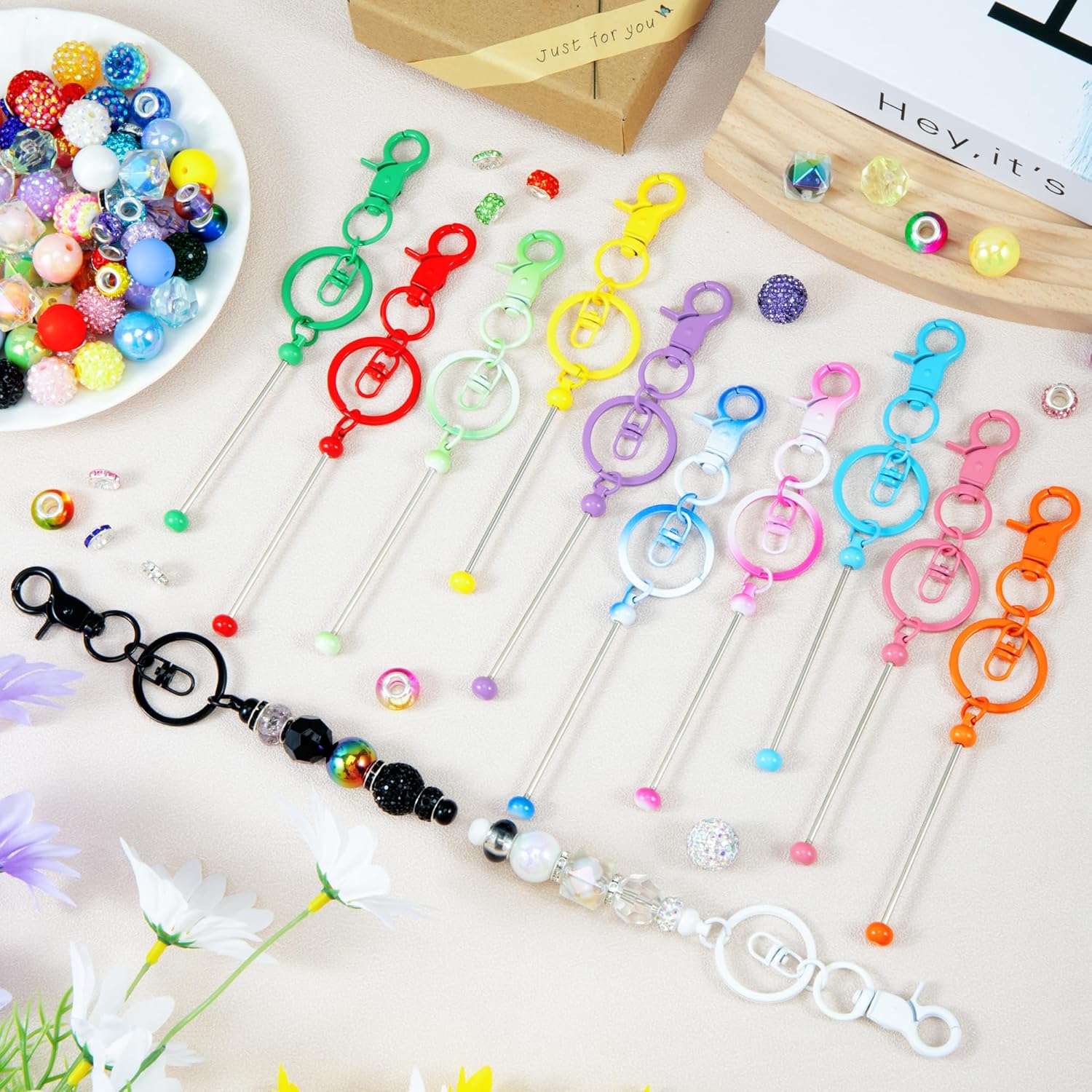 Wurosi 142 Pcs Beadable Keychain Making Kit, Including 12 Pcs Beadable Keychains Bars Blanks, 130 Pcs Bubblegum Beads & Spacer Bead, Keychain Beads Supplies for DIY Crafts Jewelry Making Gift - Image 7