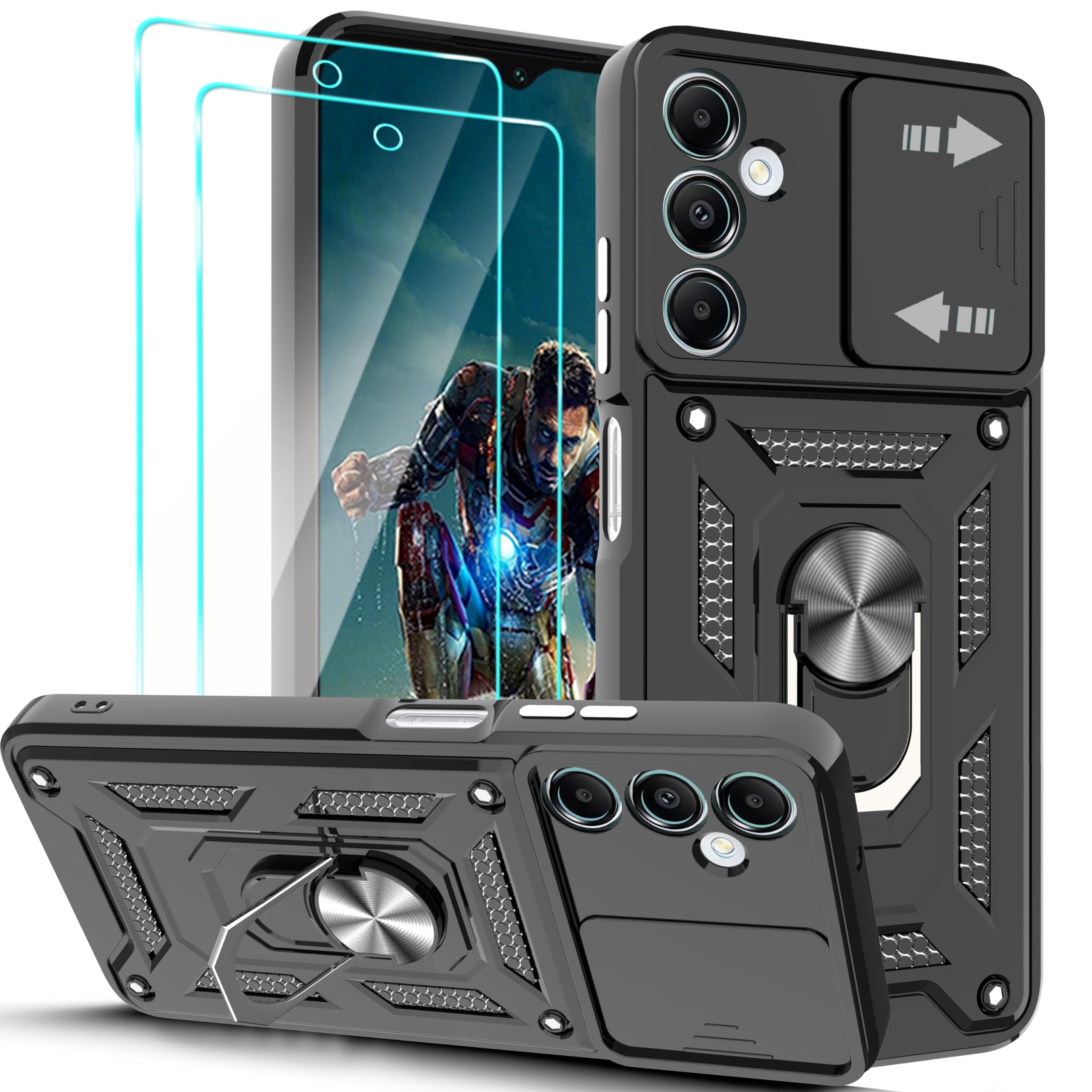 YmhxcYfor Samsung Galaxy A05S 4G Case with Slide Camera Cover and [2 Pack] HD Screen Protector, Heavy Duty Shockproof Protective Case with Magnetic Metal Stand for Galaxy A05S 4G 6.7"-SJ Black