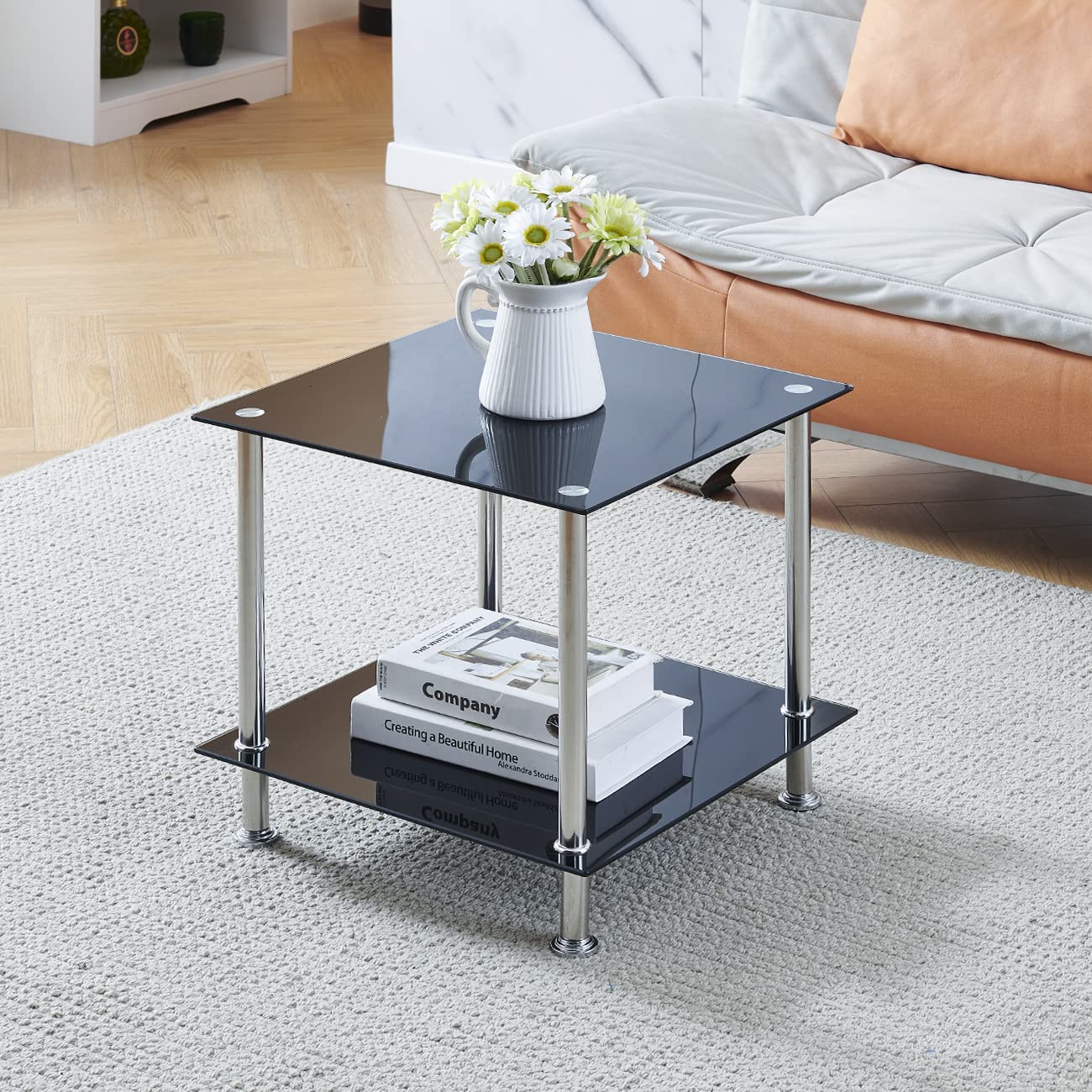 Pantanal Glass Sofa Table Side Table Small with Storage Shelf, Living Room 2 Tiers Corner Coffee End Table Bedroom Little Nightstand Beside Table (Black, Square) — image 1