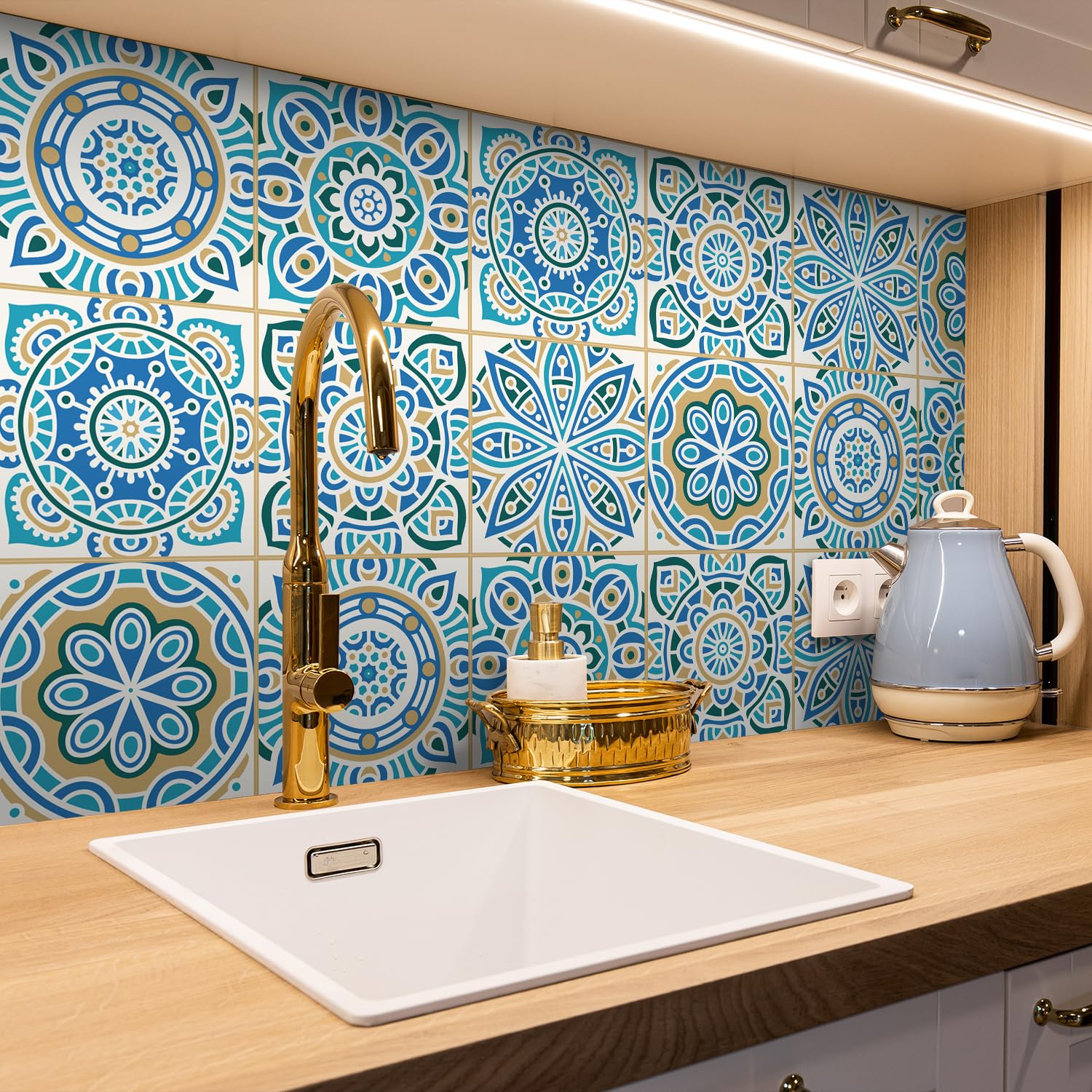 Alwayspon 12PcsX15cm/6inch Mandala Vinyl Wall Tile Sticker Transfer, Waterproof Sticky Back Tile Sticker for Kitchen Bathroom Self-adhesive Peel and Stick PVC Stick on Tile, Blue T55