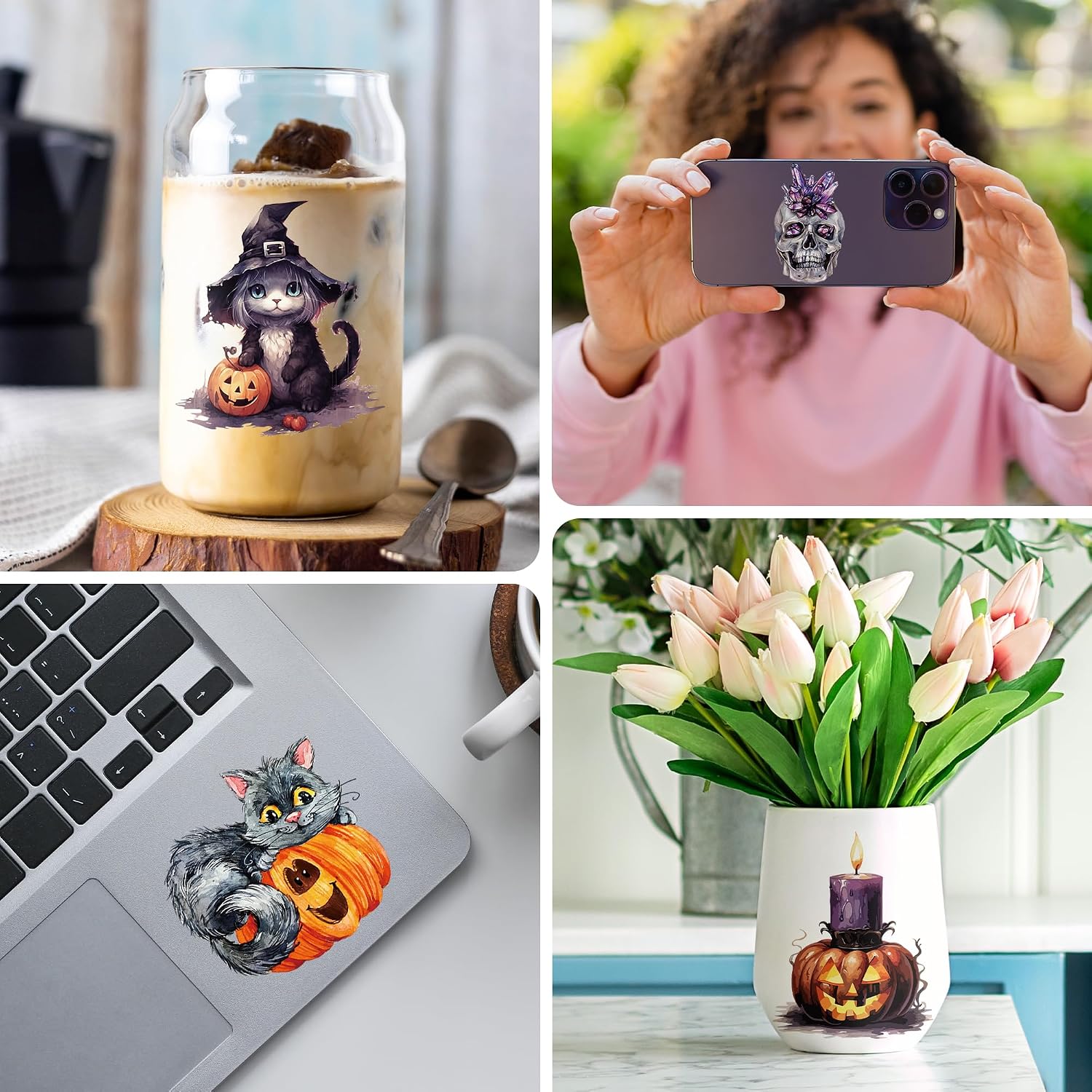 AFRITEE Transfer Cup Wraps Stickers - 20 Sheets Halloween Uvdtf Cup Wraps for 16 Glass Coffee Cups, Crow Scarecrow Pumpkin Skull Rub on Transfer Stickers Decal for Furniture Halloween Decoration