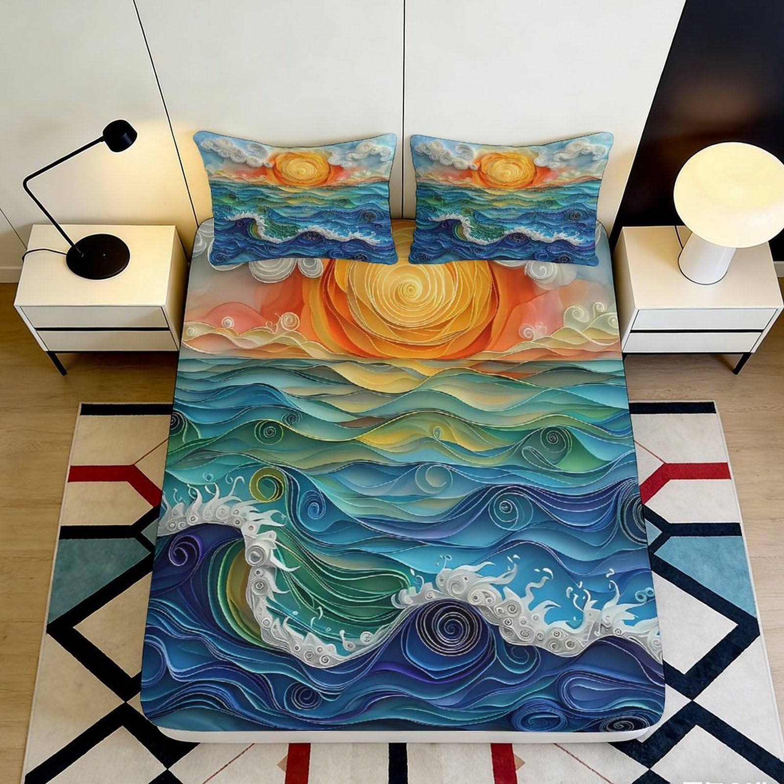 3D Printed Sunset Ocean Fitted Sheet Microfiber Soft Artistic Waves Mattress Cover for Bedroom Guest Room Decor 90x200x25cm