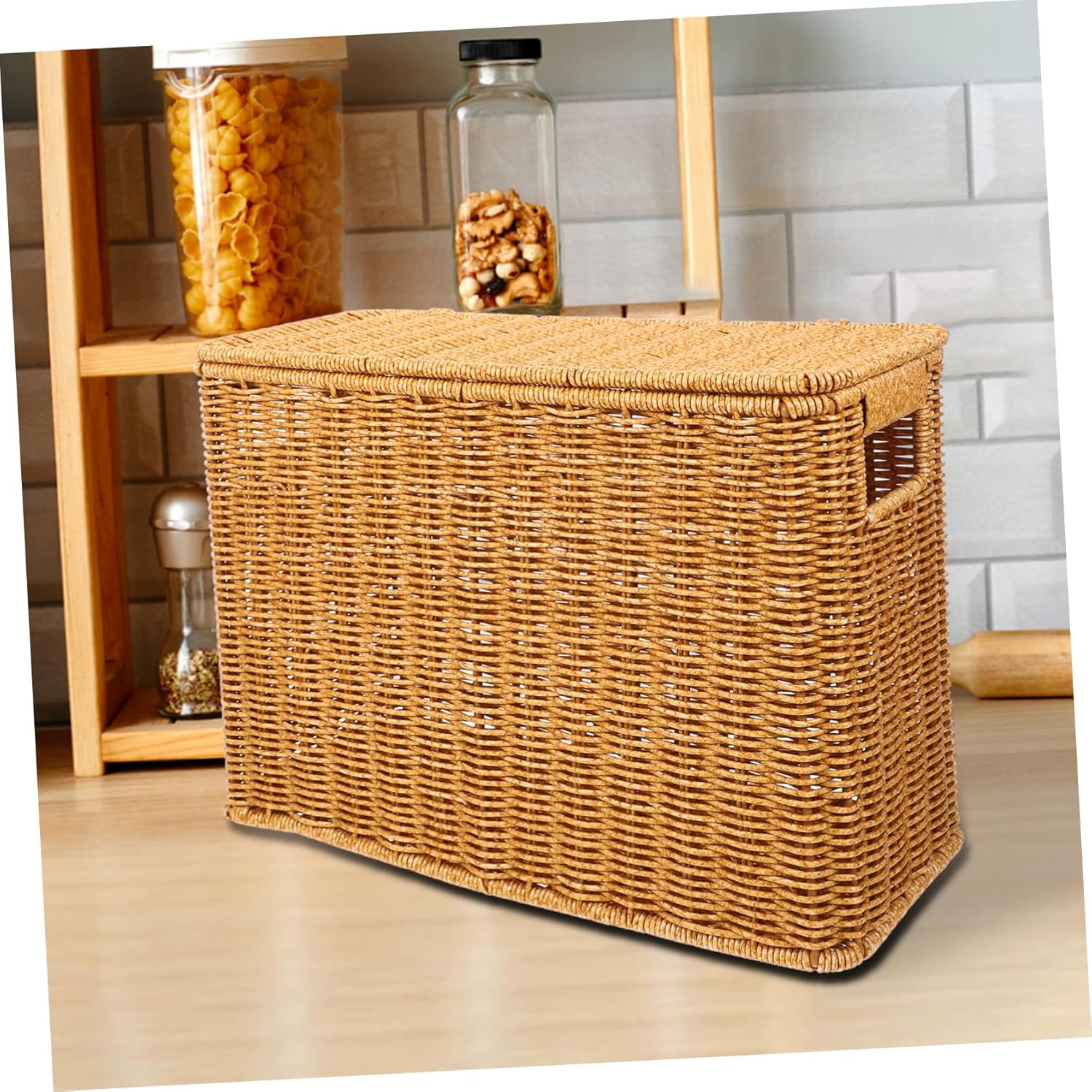 Woven Storage Basket with Lid and Handle Portable Decorative Container for Magazines and Sundries Multi Purpose Narrow Basket for Home Organization and Outdoor Use