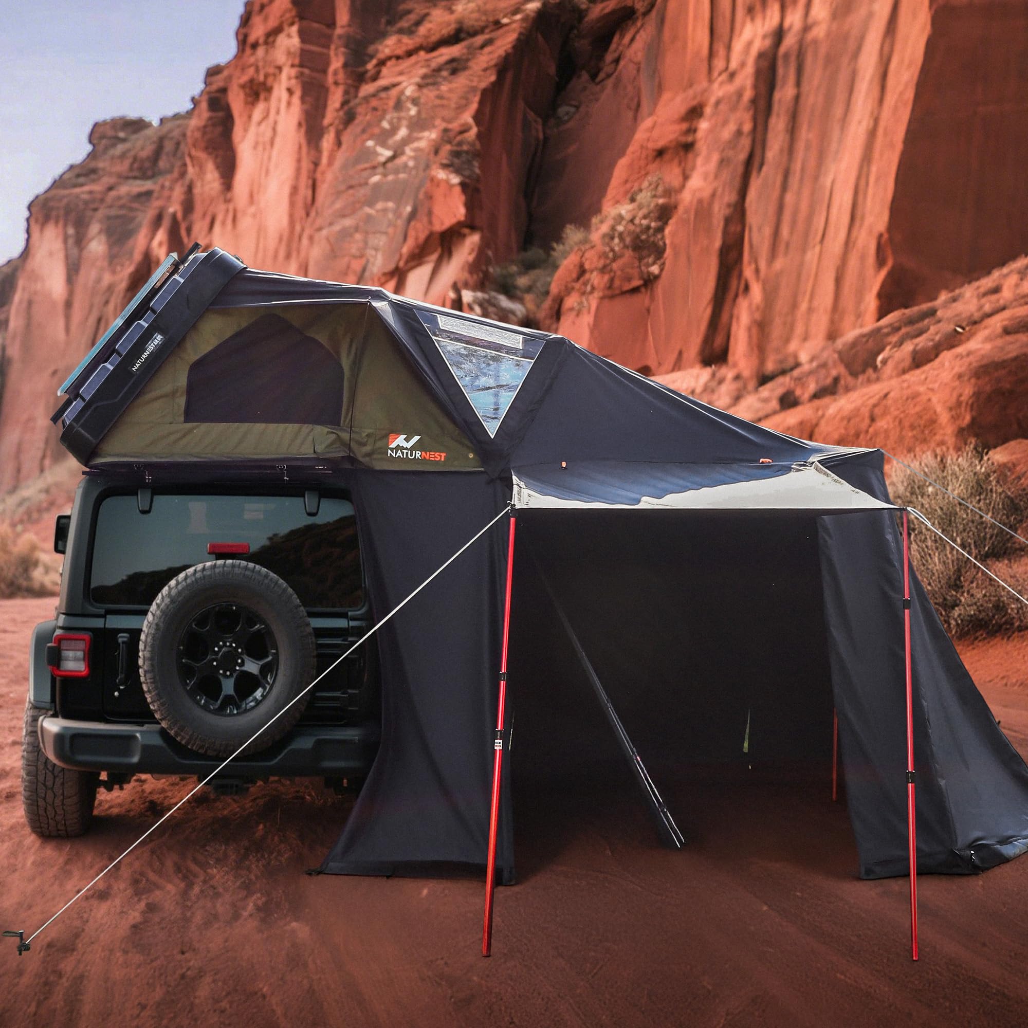 Naturnest Rooftop Tent Hard Shell with Annex Room, Easy Set Up Large Tent for 2-3 Person Camping, Waterproof Windproof 4 Season Tents for Truck, Jeep, SUV, Van, Trailer - Sirius 1 Plus with Annex Room