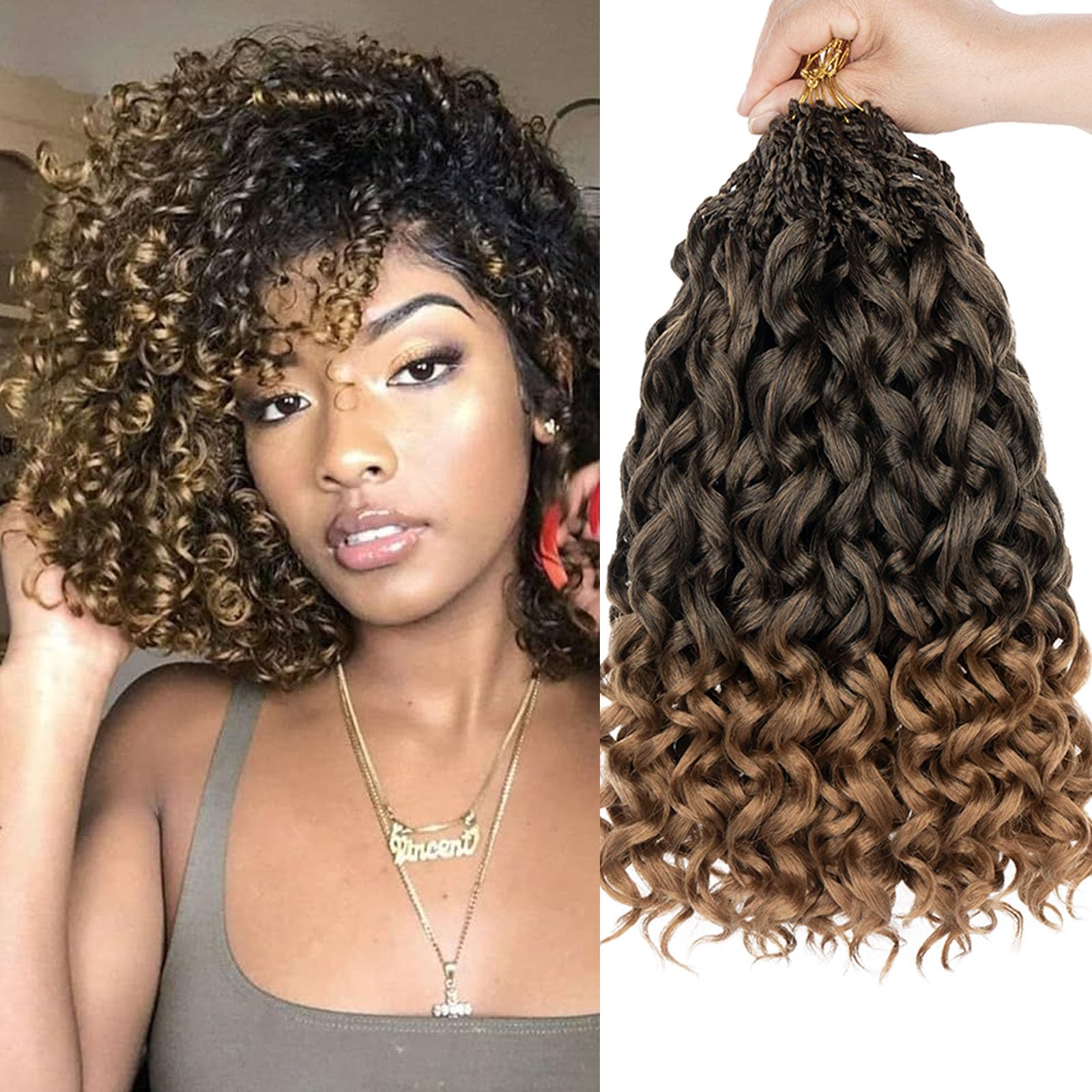 Samtress Gogo Curl Crochet Hair 14 Inch Pre Looped Ocean Wave Crochet Hair 8 Packs Ombre Honey Blonde Water Wave Braiding Hair Short Curly Bohemian Crochet Box Braids Synthetic for Women (#T27)