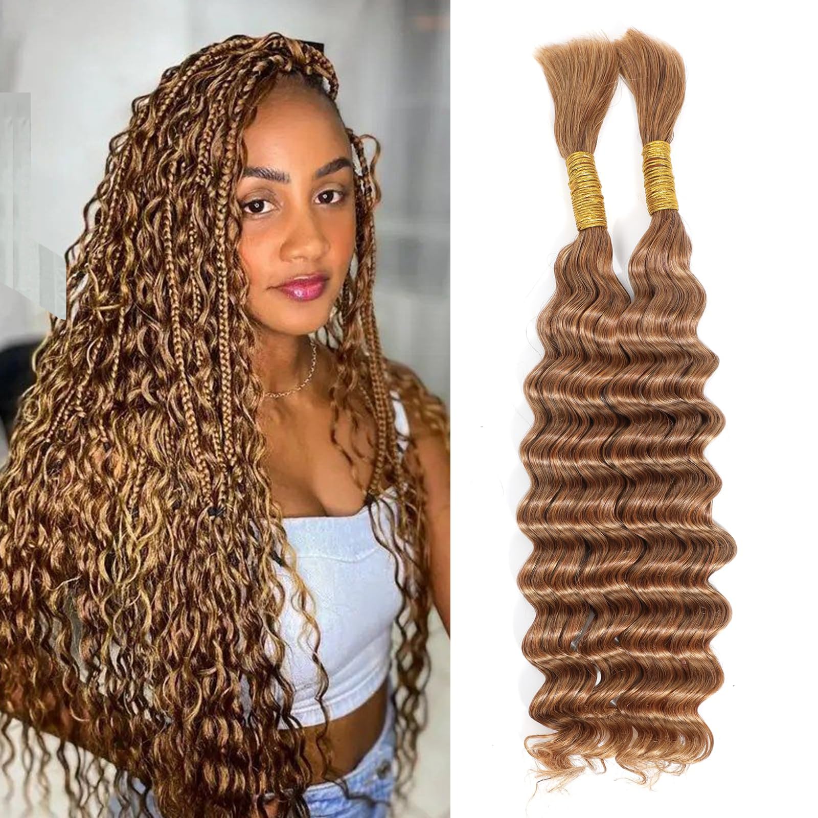 Humistwbiu Deep Wave Human Braiding Hair 100% Unprocessed Brazilian No Weft Bulk Human Hair for Braiding 20 Inch (100g, 27#)