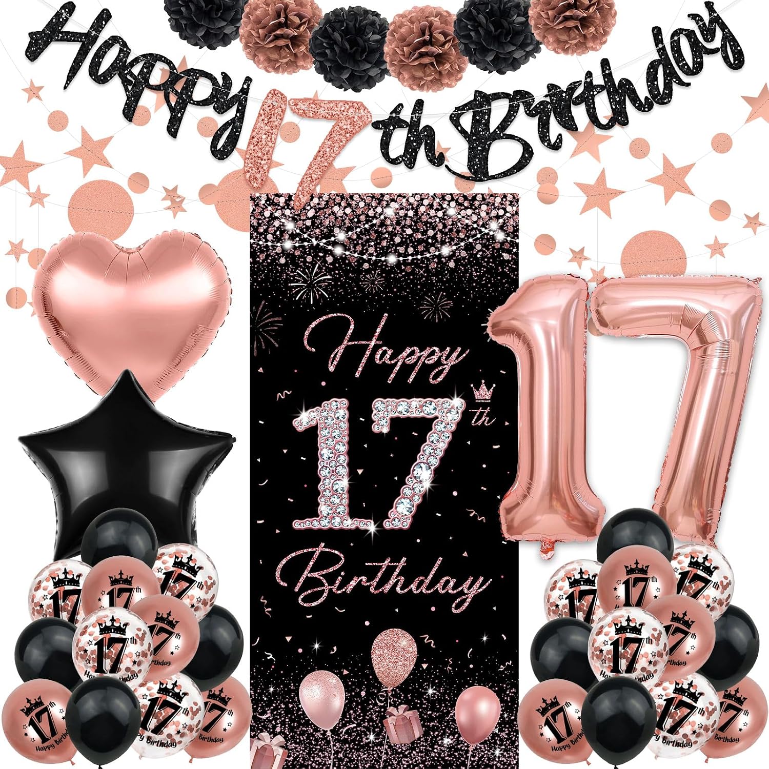 Amazon.com: TSVATE Rose Gold 17th Birthday Decorations - Happy Birthday
