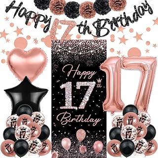 TSVATE Rose Gold 17th Birthday Decorations - Happy Birthday Banner, Backdrop, Balloons, Pompoms & Star Streamers