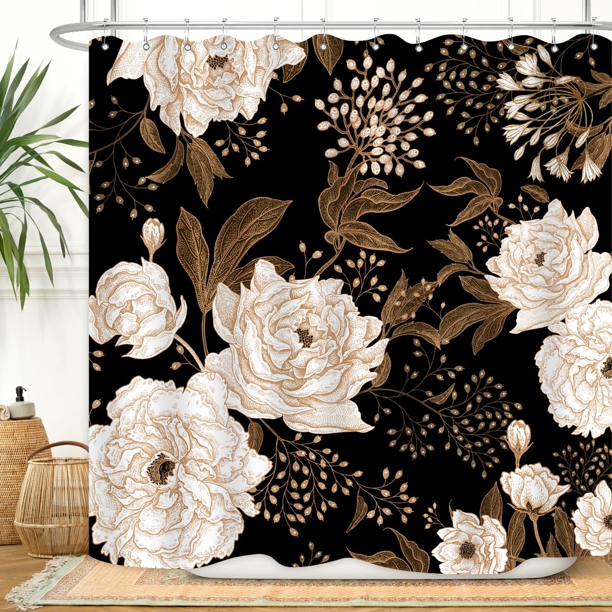 ZXMBF Black White Peony Shower Curtain Vintage Gold Leaves Flower Rustic Retro Boho Floral Botanical Bathroom Decor Waterproof Fabric 72Lx72W Inch