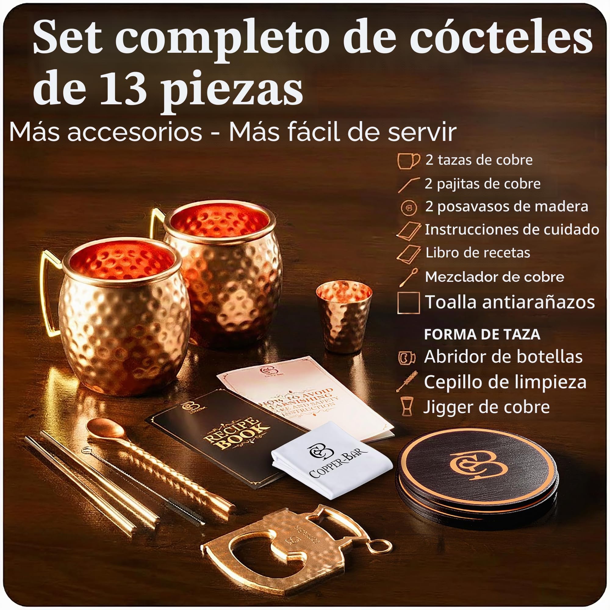 Moscow Mule tazas 100% sólido cobre, martillado, Set de regalo de 2, 16oz, no níquel auténtico mango, Bonus: 2 pajitas + 1 shot cristal + agitador & 2 Libros Electrónicos por copper-bar