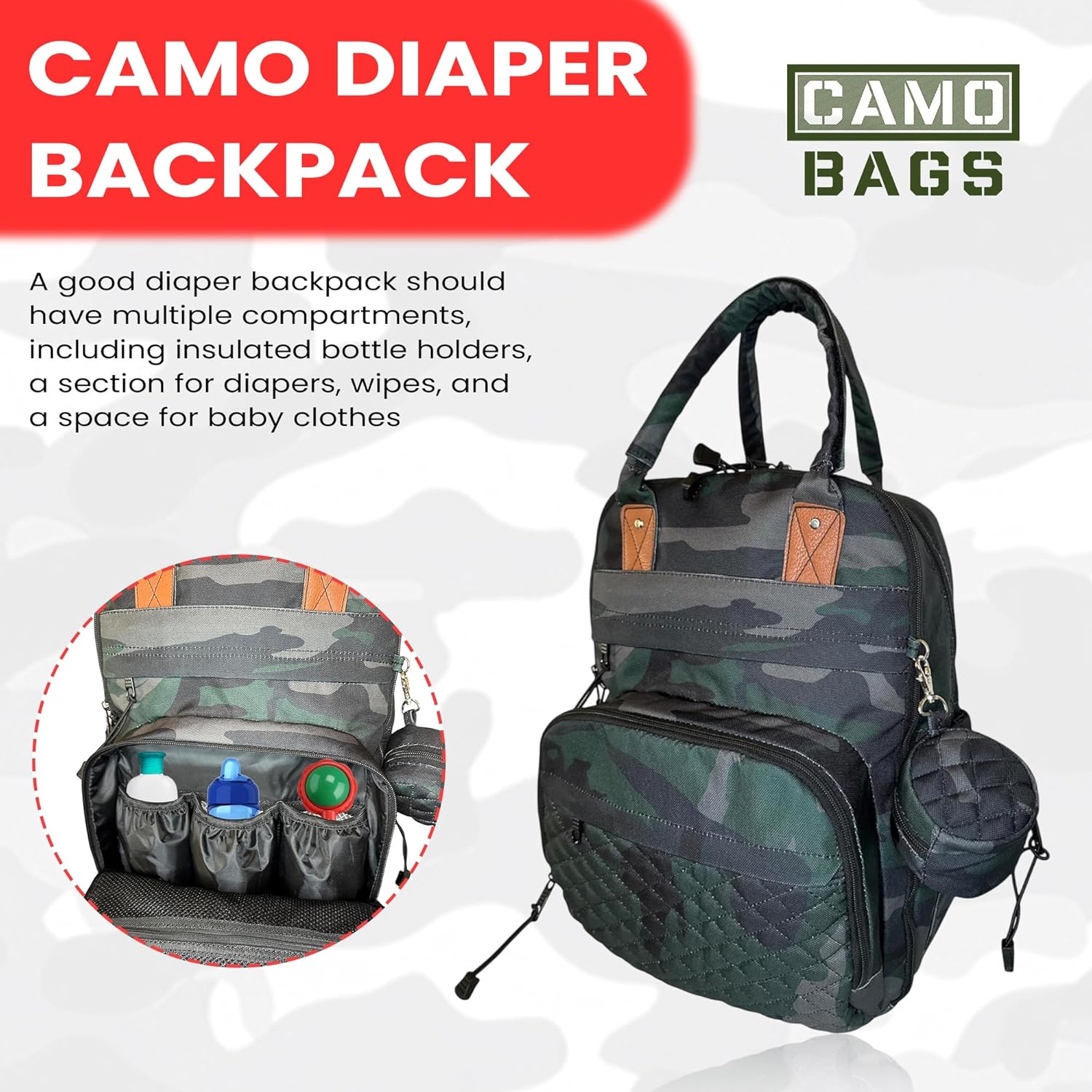 Camo Diaper Backpack - Shoulder Bag with Changing Pad & Pacifier Pouch- Comfortable Backpack with Padded Straps & Handle with Multiple Pockets & Zippers- Travel Diaper Bag for Kids, Teens & Family use