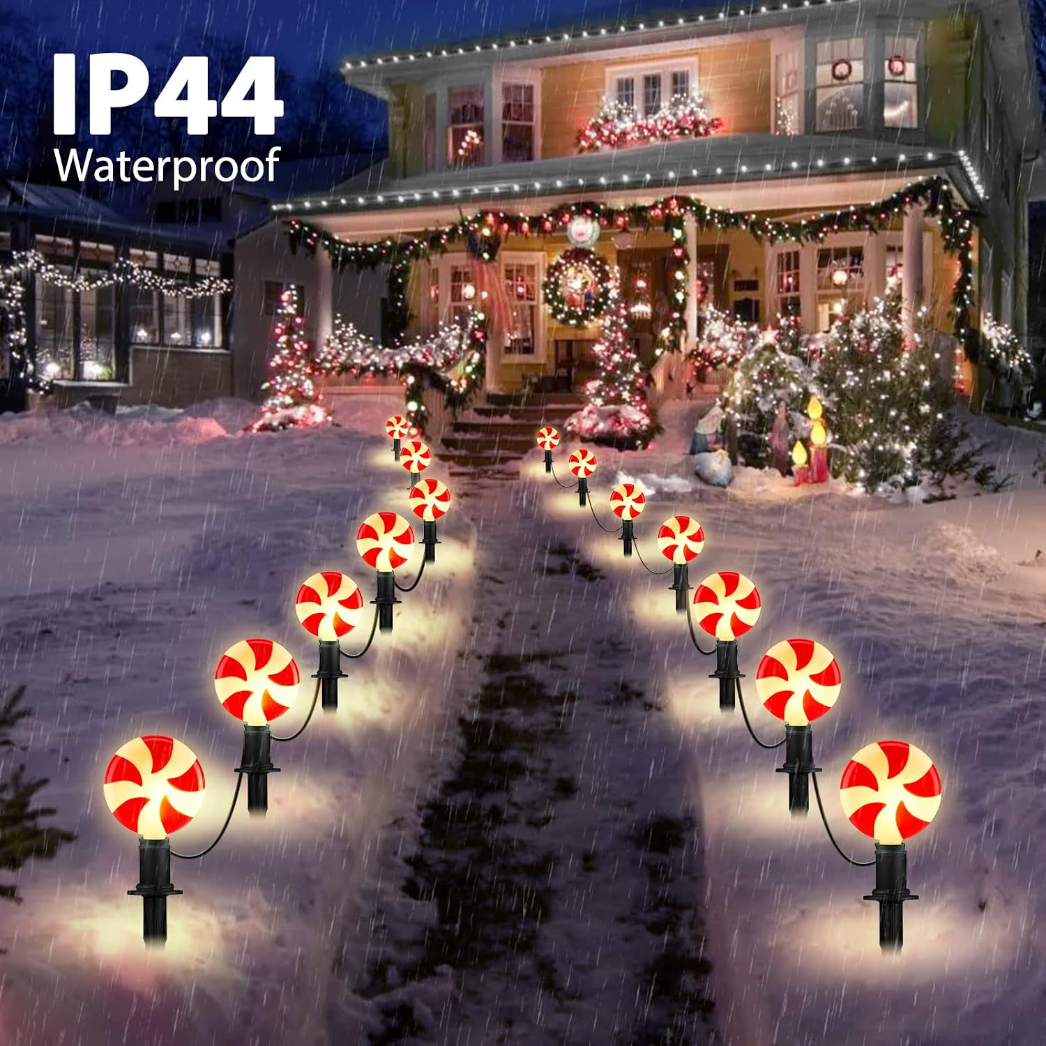 Christmas Lollipop Pathway Lights Outdoor, 7.2ft Plug in Peppermint Walkway String Lights for Christmas Decoration, Garden, Yard, Hangable, Waterproof, Connectable, Warm White, 4 Pack