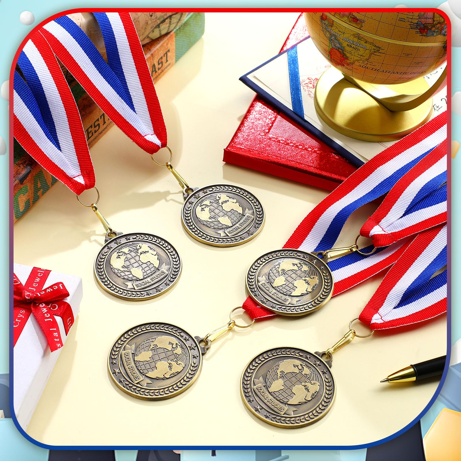 Quelay 30 medallas de premio de 2 pulgadas, medallas de oro a granel con cintas para el cuello, trofeo de metal, regalo para torneos, competiciones, fiestas, niños y adultos (estudios sociales)