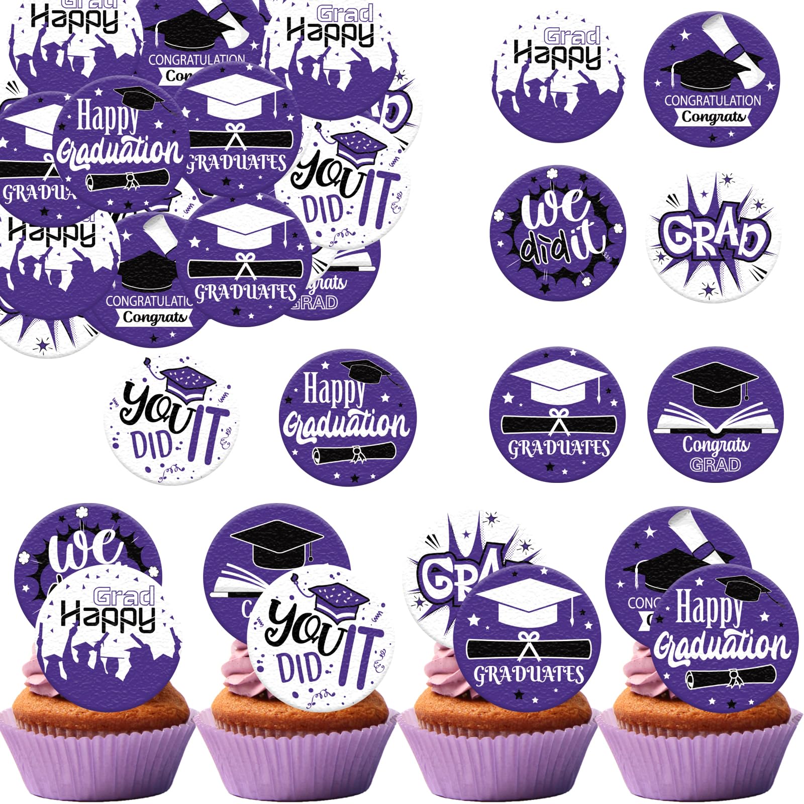 Fyeoxle 36PCS Edible Graduation Cap Cupcake Toppers Wafer Paper Grad Cap Diploma Cake Decorations Edible Grad Cap Cupcake Picks for 2025 Grad Theme