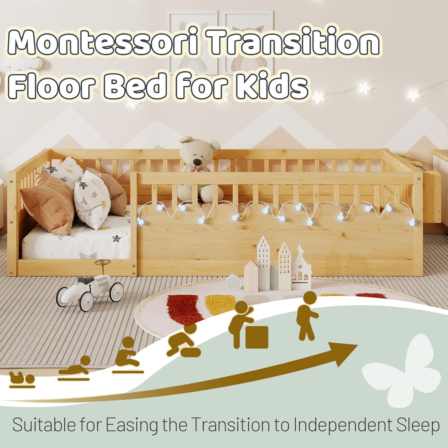 Twin Size Floor Bed with High Rails, Solid Wood Montessori Bed with Lights & Storage Shelf for Baby,Kids Bed Frame for Girls, Boys, Floor Bed Frame Without Slats,Natural