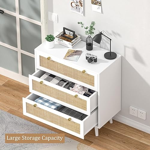 Miniatura 4 de Anmytek Cómoda blanca para dormitorio con 3 cajones, cómoda moderna de madera con 3 cajones, cómoda blanca con amplio almacenamiento de ratán para