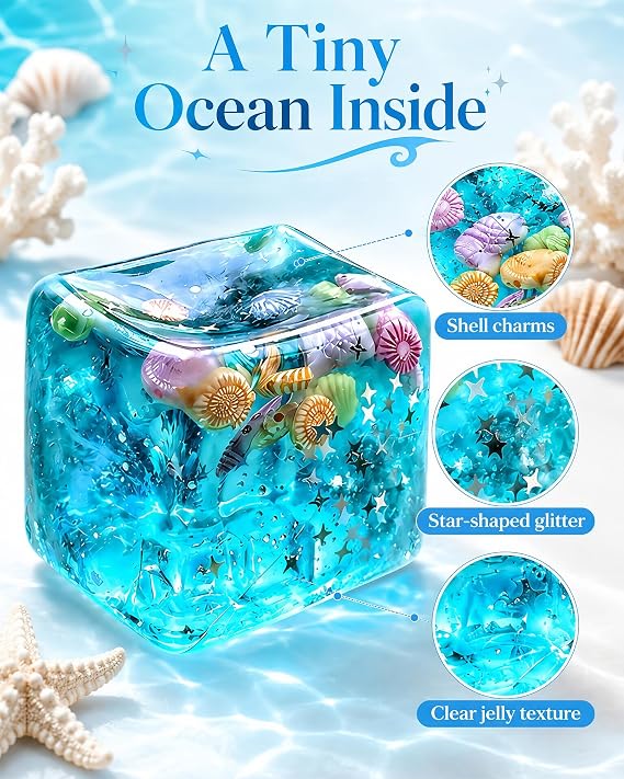 2Pcs Blue Cube Stress Balls, Squishy Fidget Toys with Ocean Shells