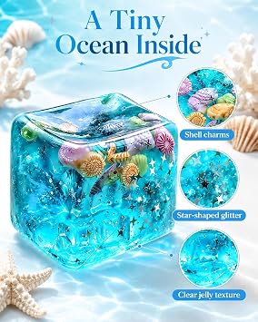 2Pcs Blue Cube Stress Balls, Squishy Fidget Toys with Ocean Shells