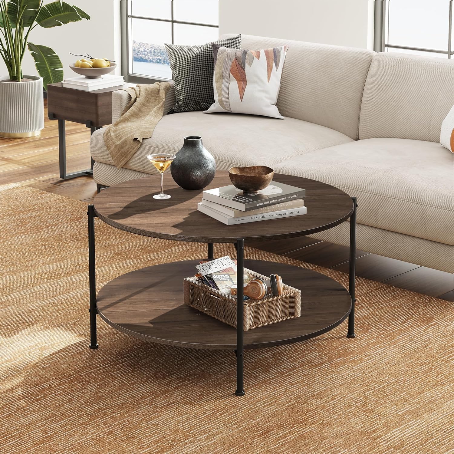 WLIVE Round Coffee Table 83 cm with Open Shelf in a modern living room setting.