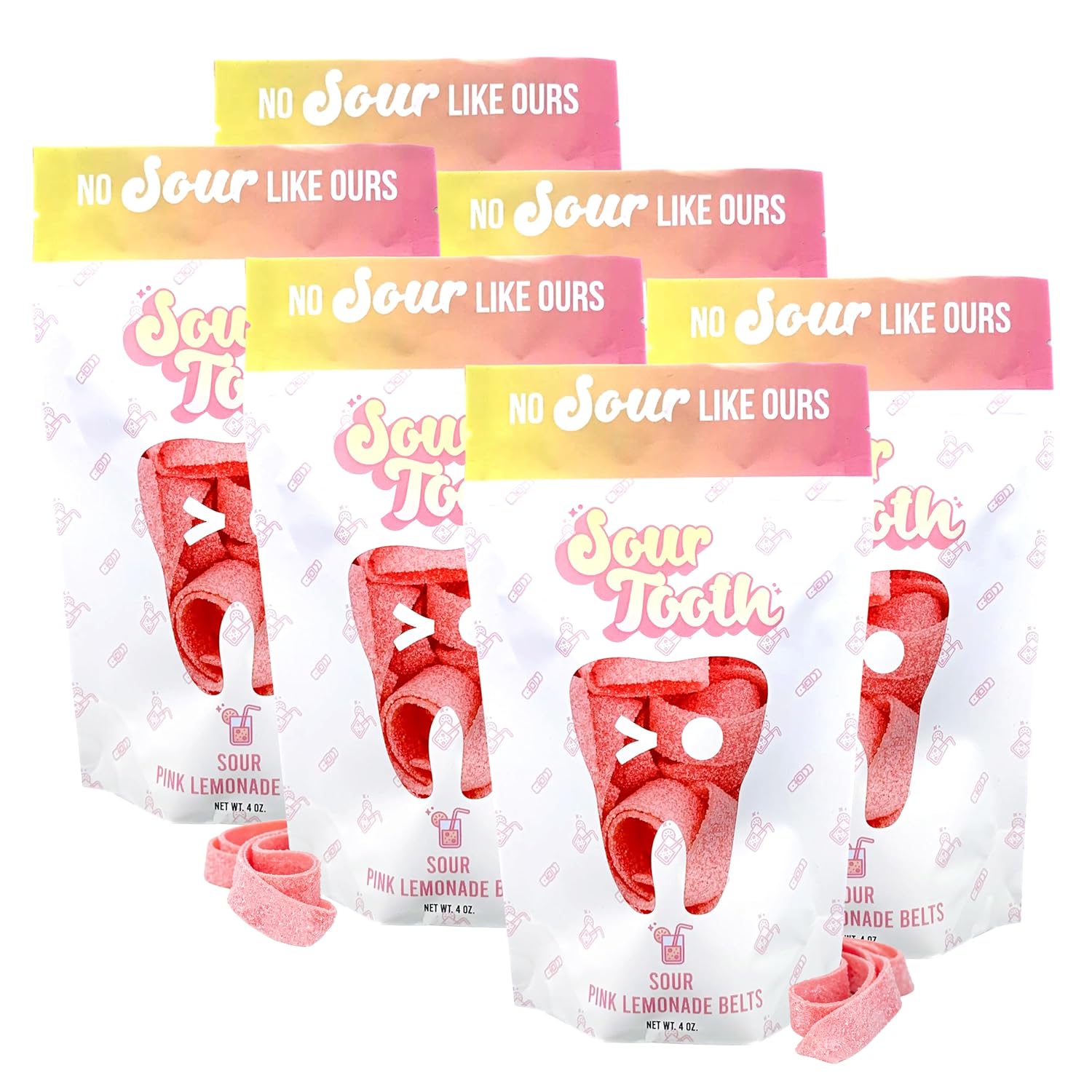 Sour Pink Lemonade Belts, Sour Belts Candy Bulk, Pink Lemonade Flavored Candy Strips, Fresh, Soft and Chewy, Great as Gift Snacks and Parties, 14 Per Bag, 6 Pack, 4 oz