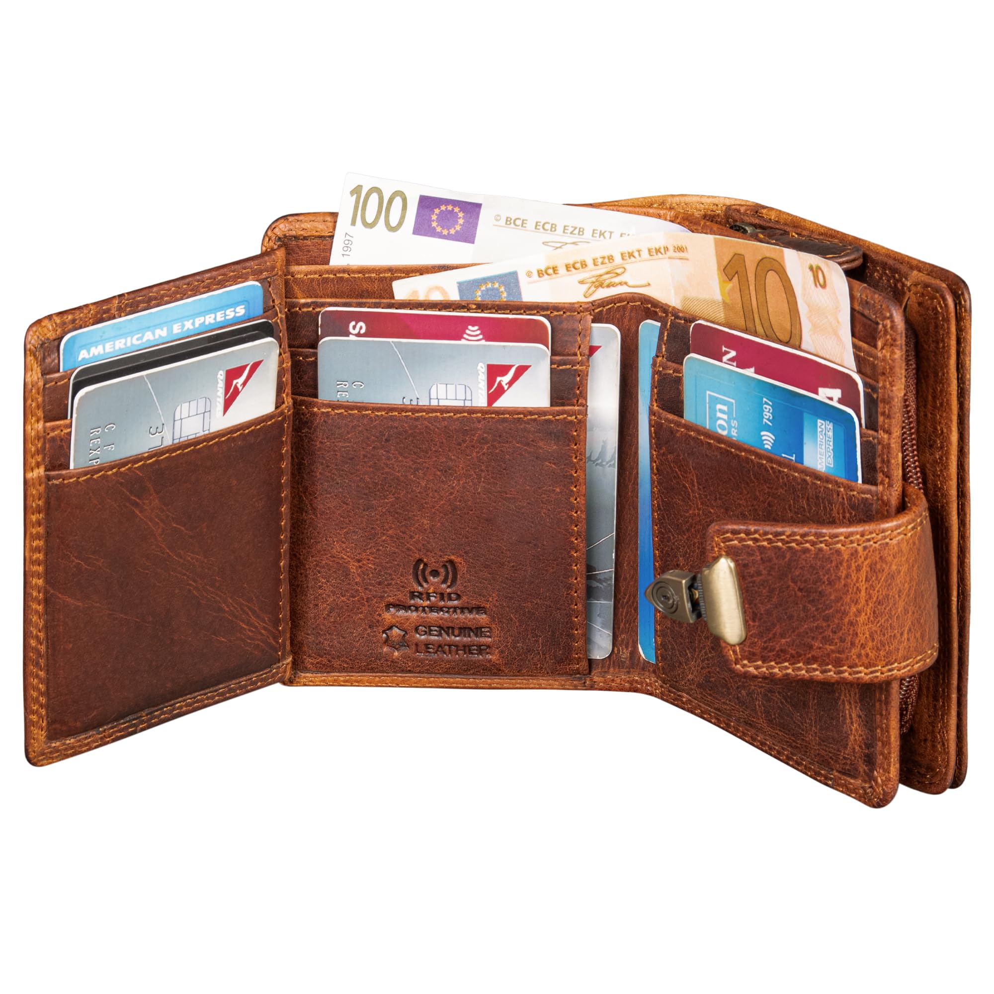 STILORD "Reese Elegante Geldbörse mit RFID Schutz Damen Herren Echtleder Portemonnaie mit Schnappverschluss Hochformat - Retro Trifold Leder Brieftasche mit Geschenkbox Farbe:Kara - Cognac