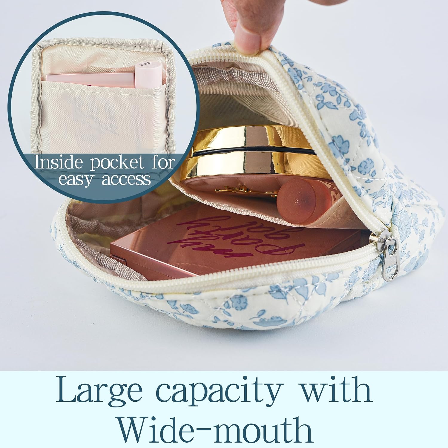Small Quilted Makeup Bag Mini Floral Pouch for Purse Cute Travel Toiletry Organizer Cotton Cosmetic Pouch with Slip-in Pockets image 3