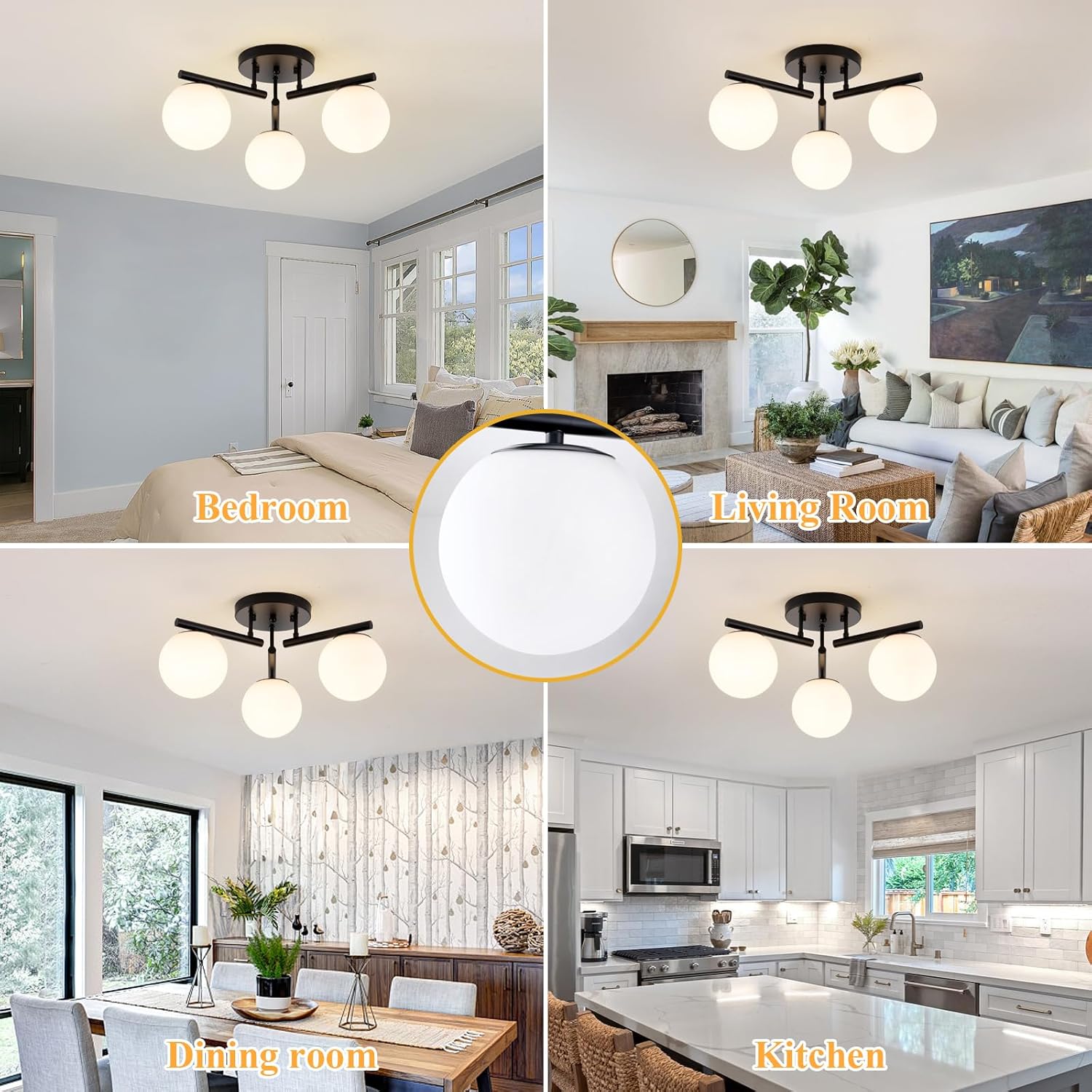 3 Light Modern Sputnik Semi Flush Mount Ceiling Light, Black Sputnik Ceiling Light Fixture, 21.65 '' Milky Glass Globe Mid Century Modern Ceiling Lights for Bedroom Hallway Living Room