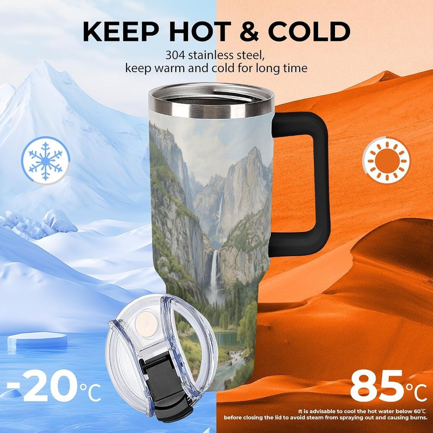 Travel Coffee Mug 40OZ Thermo Cups Thermos Cup Drink Cups Park Valley Thermos with Cup with Handle Lid And Straw Suitable for Gifts Parties Offices Traveling