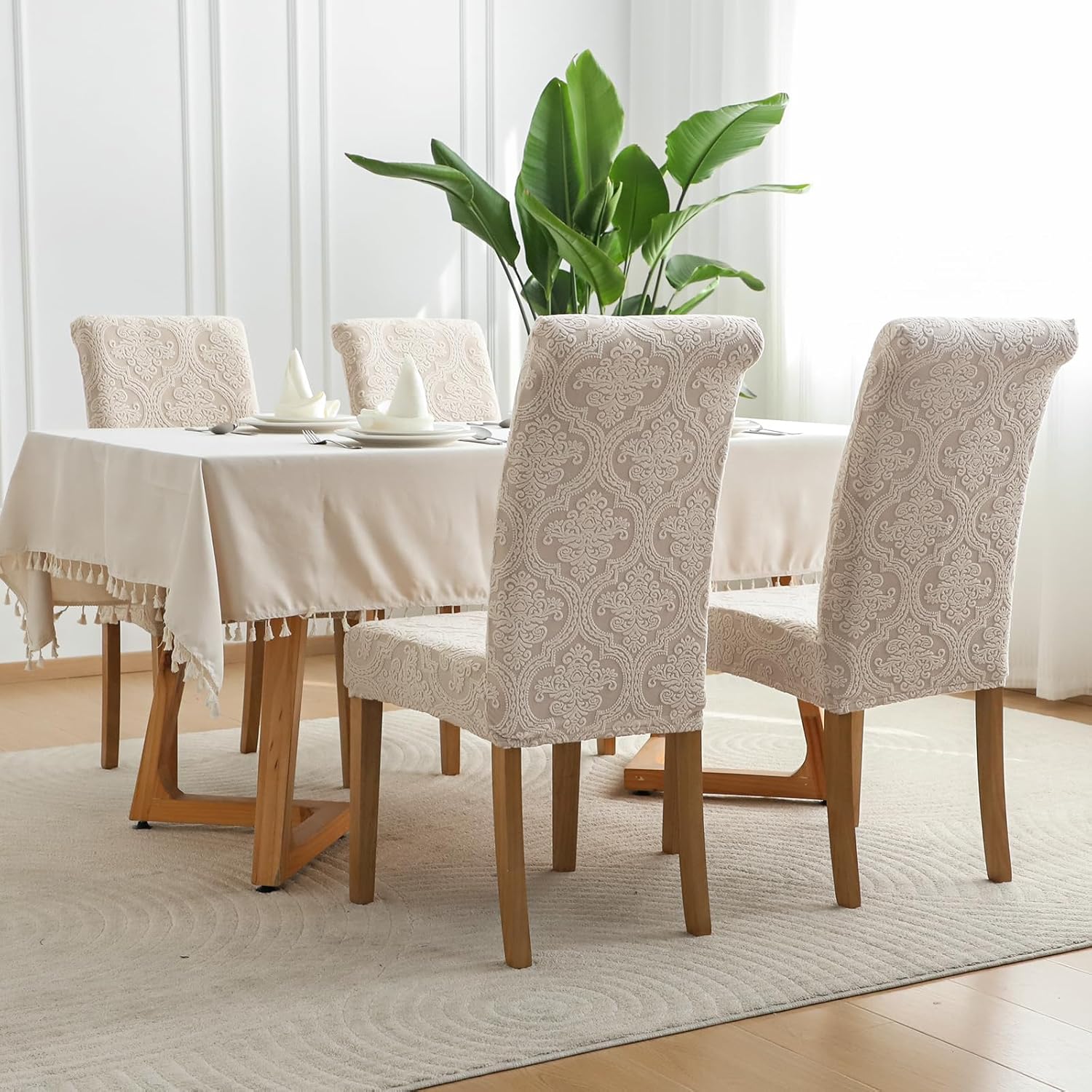 FORCHEER Jacquard Dining Room Chair Covers Set of 6 Stretch Khaki Kitchen Chair Slipcovers Washable and Removable(Palace Jacquard-Khaki)