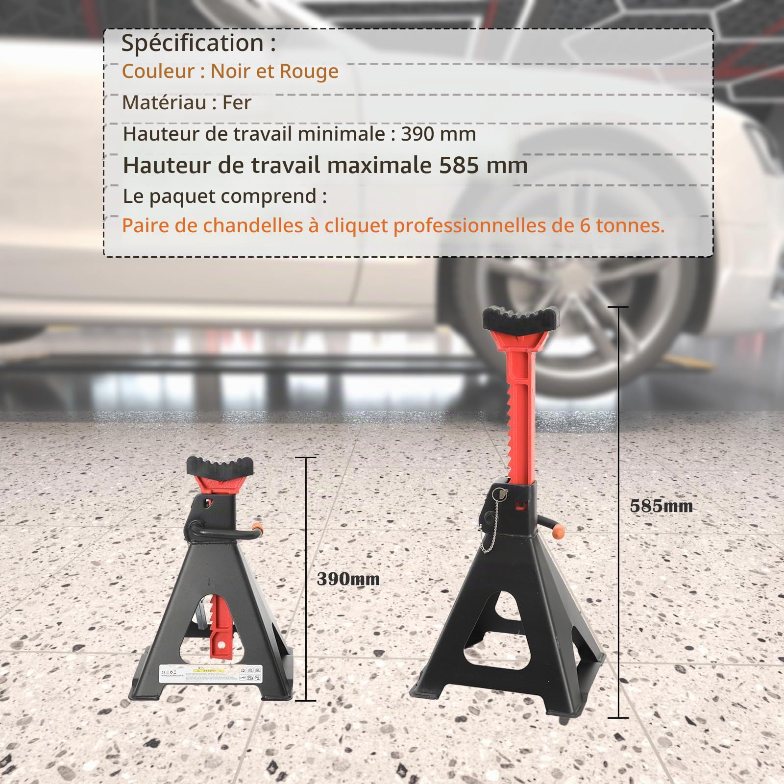 Lot de 2 chandelles d'essieu 6 T avec revêtement en caoutchouc - Hauteur de levage : 390-585 mm - Pour voiture, SUV et camionnettes - 6 tonnes