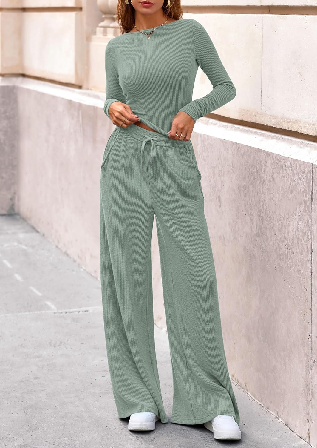 PRETTYGARDEN Matching Sets Women Clothing 2026 Fall Fashion Travel 2 Piece Lounge Sets Long Sleeve Crop Top Wide Leg Pants - Image 2