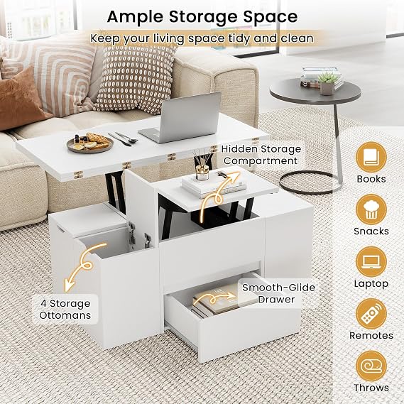 COSTWAY Lift Up Top Coffee Table, 3-in-1 Expandable Wooden Cocktail Center Table with 4 Storage Stools, Hidden Compartment & Drawer, Rectangle Accent Sofa Side Dining Table for 4-8 People (White)