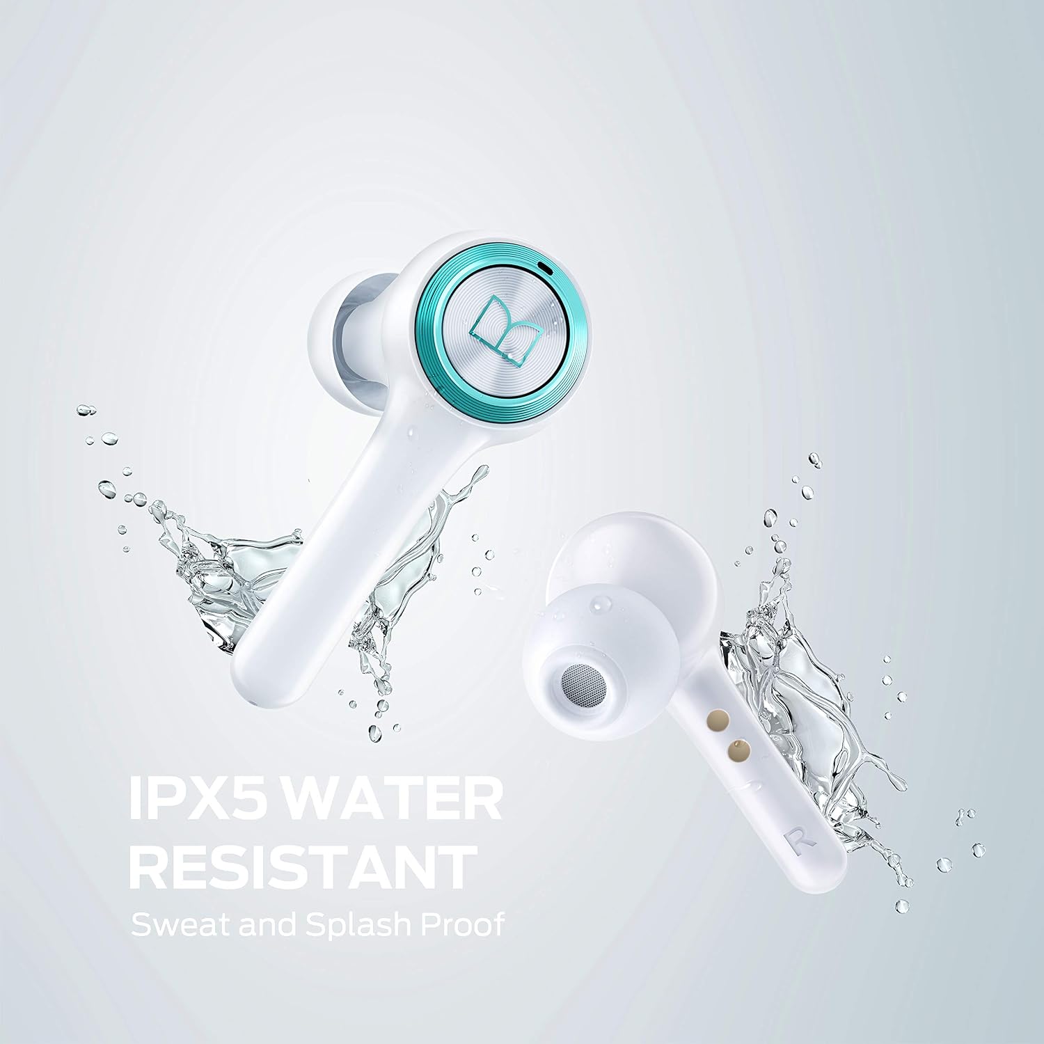 Monster Wireless Earbuds with water splashes, indicating IPX5 water resistance