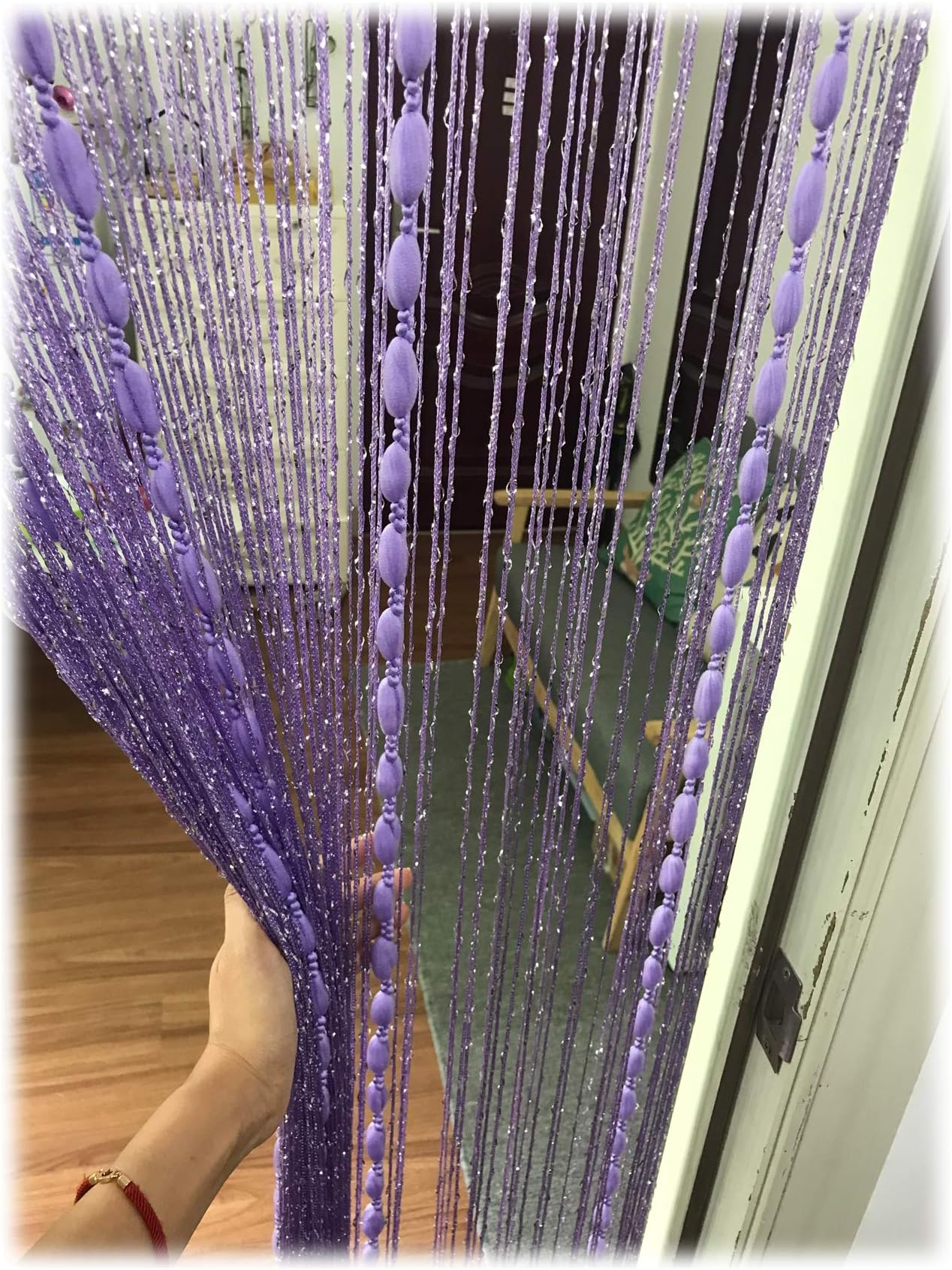 Door String Curtain Flat Silver Ribbon Thread with Shaggy Tassel Room Divider, 39’’x79’’ (Purple-style2)