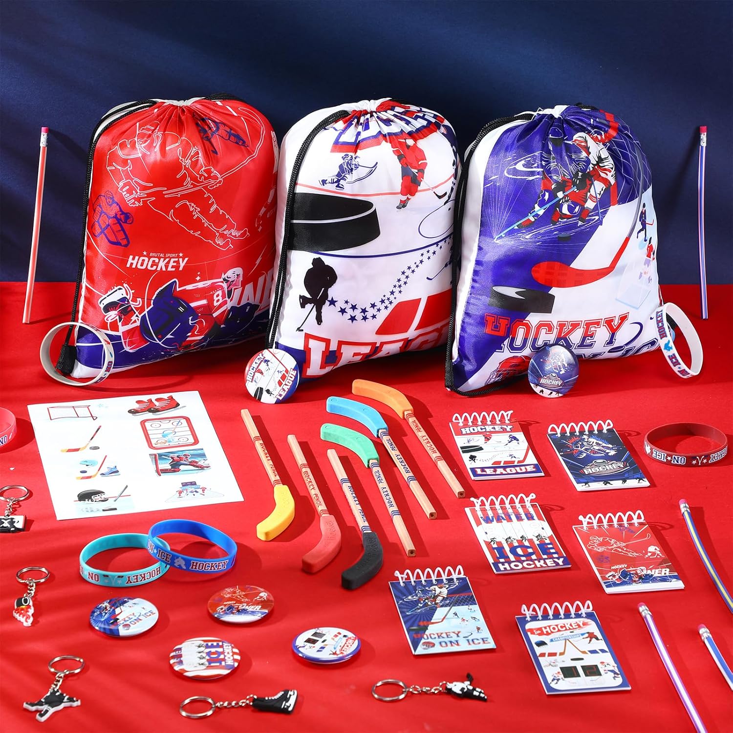 Paterr 102 Pcs Hockey Party Favor Supplies Set Include Hockey Drawstring Bags Silicone Bracelets Badge Buttons Spiral Notebooks Pencils and Erasers Bookmarks and Stickers for Gifts