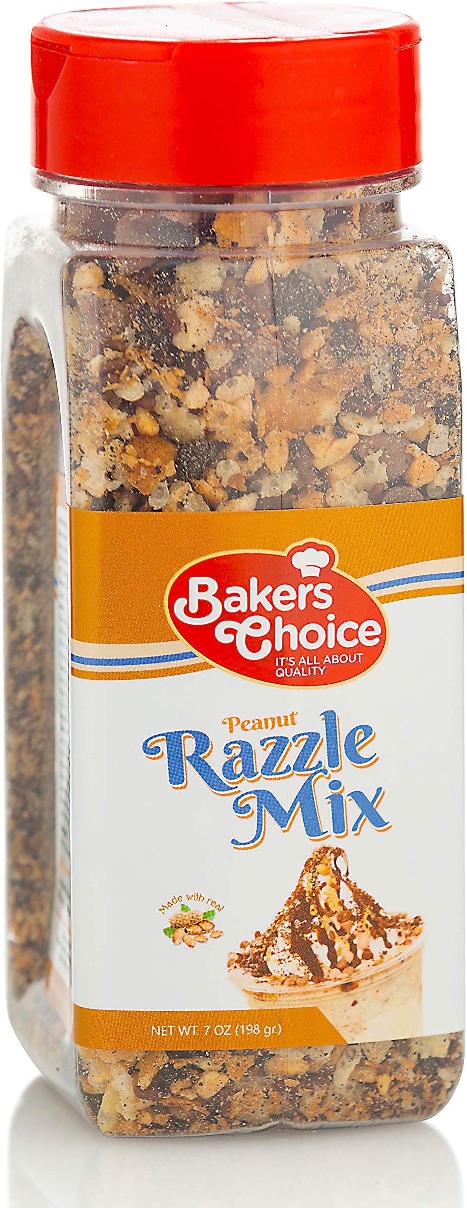 Peanut Razzle Crunch Topping - Chocolate, Caramel, Butterscotch and Peanut Mix - Sprinkles for Ice Cream Sundae Toppings - 7 oz. - Dairy Free, Kosher - Bakerโs Choice