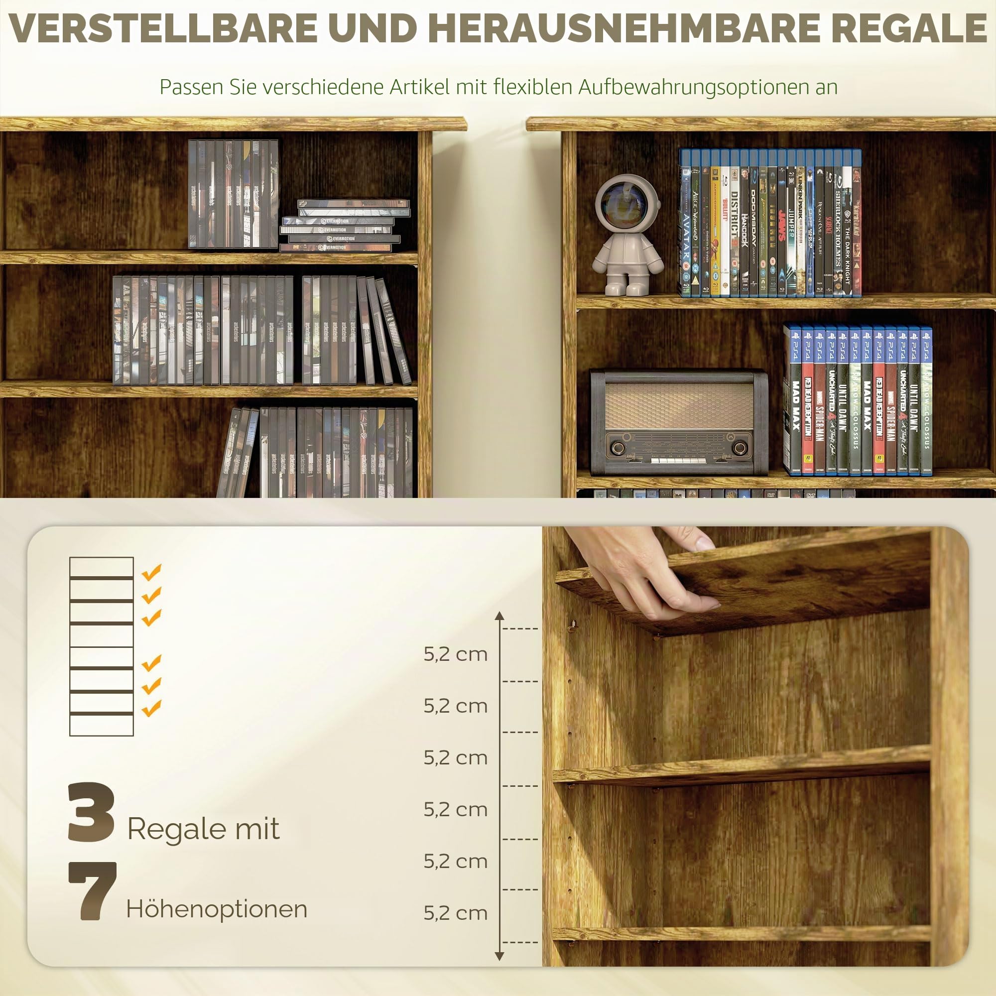 HOMCOM 360 CD/185 DVD Regal mit 6 verstellbaren Böden, Rustikales Braun
