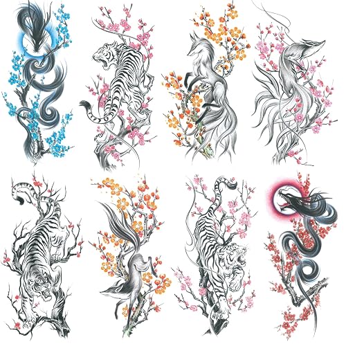 8 Sheets Sketch Dragon Tiger Fox Tree Flower Temporary Tattoos