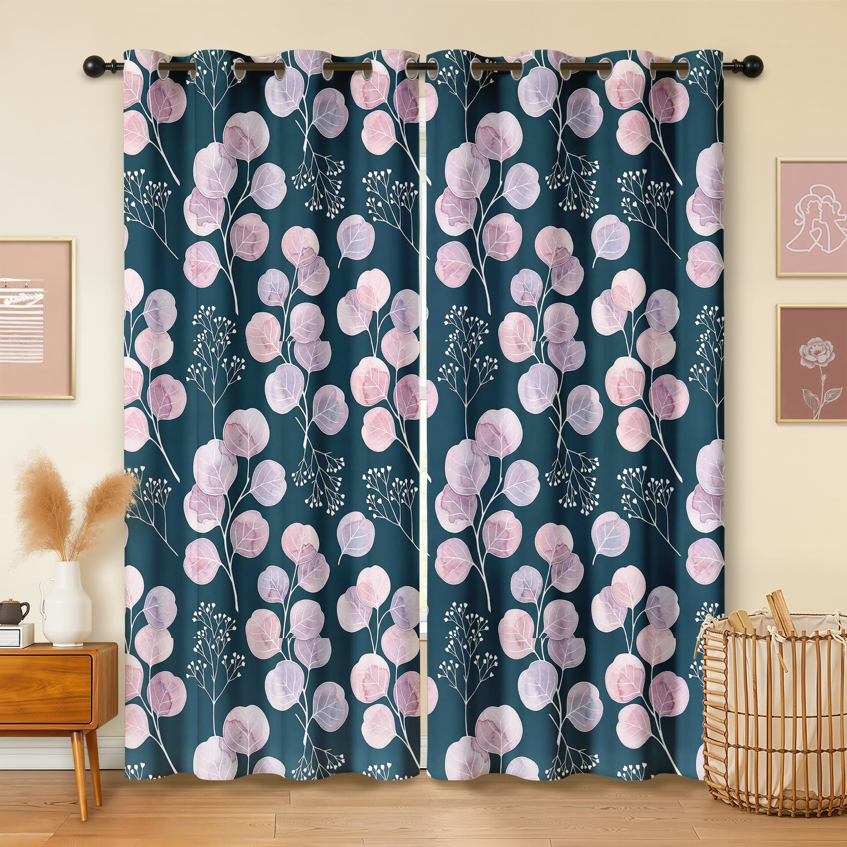 Havenix Eucalyptus Leaf Blackout Curtains for Bedroom Living Room, Eyelet Curtains 229cm Drop, Thermal Insulated Drapes for Windows, Teal and Pink Botanical Patterned Window Treatments, 2 Panels