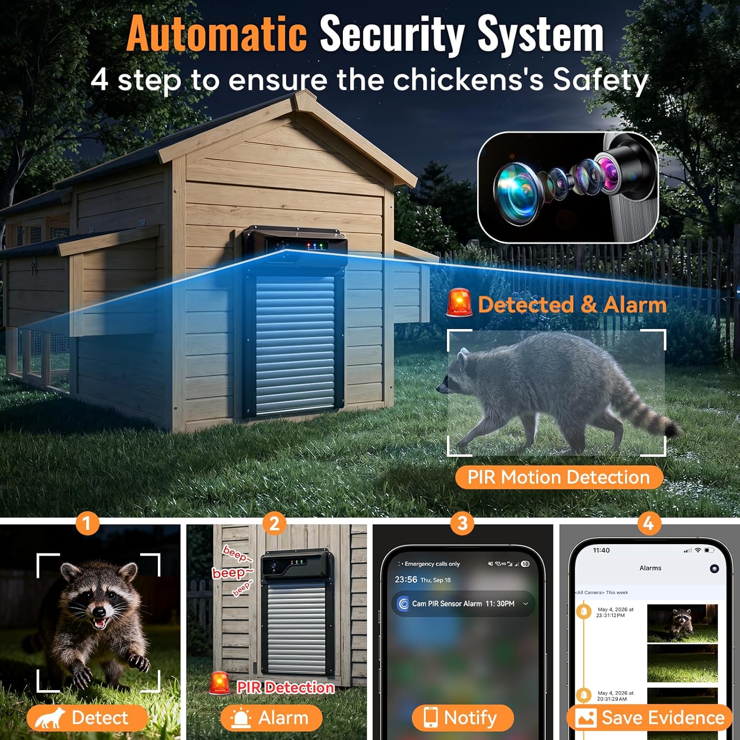 Condition photo showing New/Like New for automatic chicken coop door with timer and remote control, wifi 1080p camera smart roll-up auto poultry door, 7w solar powered 5000mah battery, app control, anti-pinch safety, predator alarm 13.3" x 8.8"