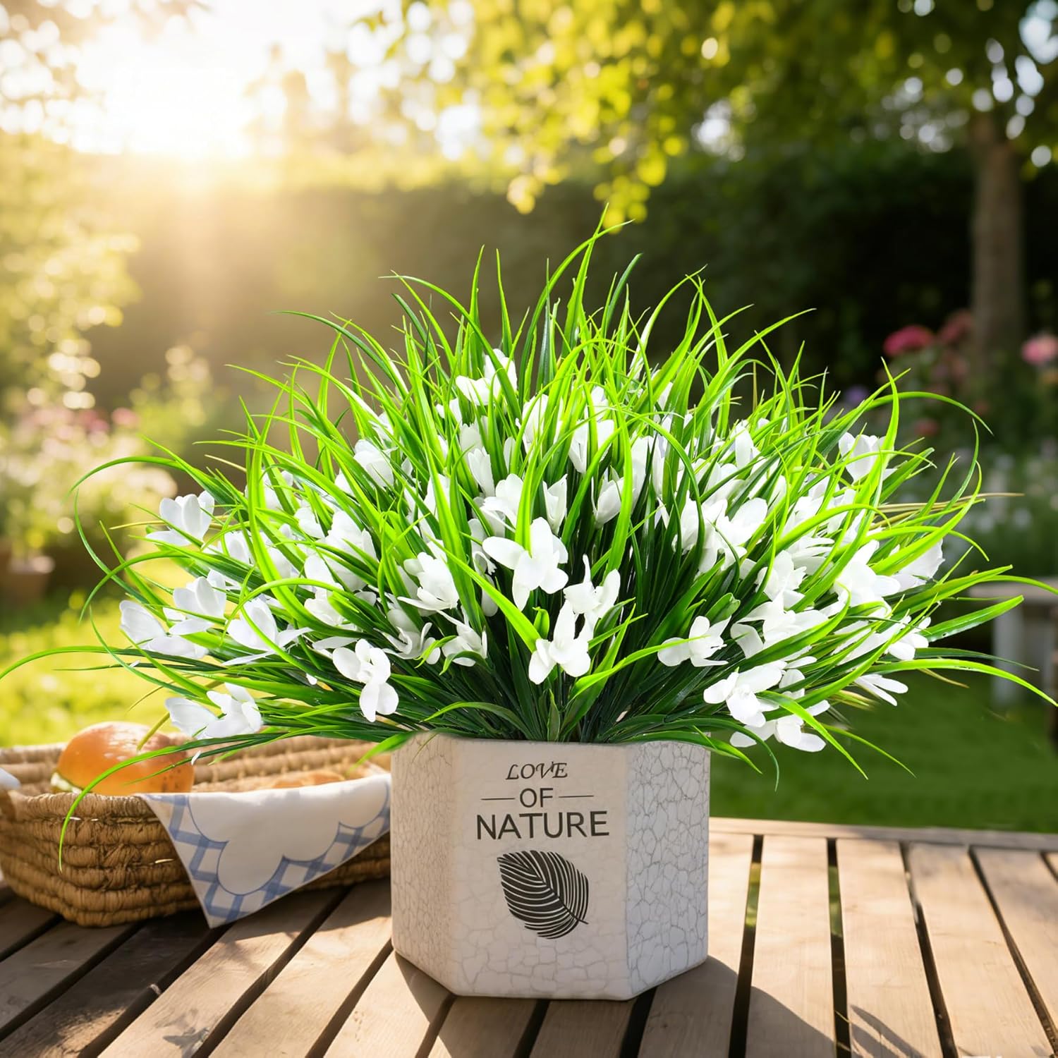 16 Bundles Artificial Plants Flowers for Outdoor Fake Monkey Grass with Flowers for Outside Planter Realistic UV Resistant Faux Plant for Garden Patio Pathway Front Porch(16, White)