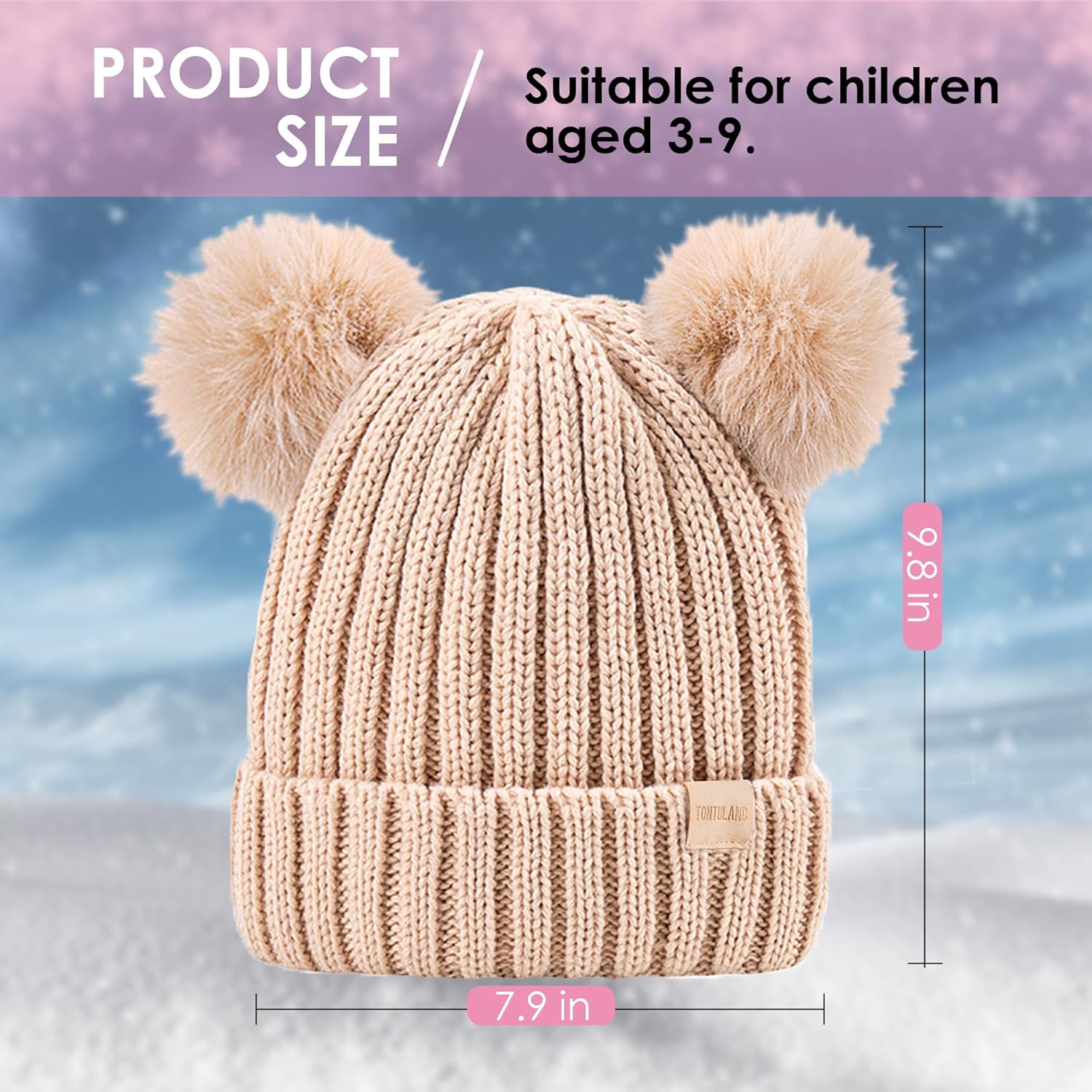 Kids Winter Beanie Hat Warm Ski Caps with Pompom Fleece Lined Children's Knit Hat for Boys Girls - Image 2